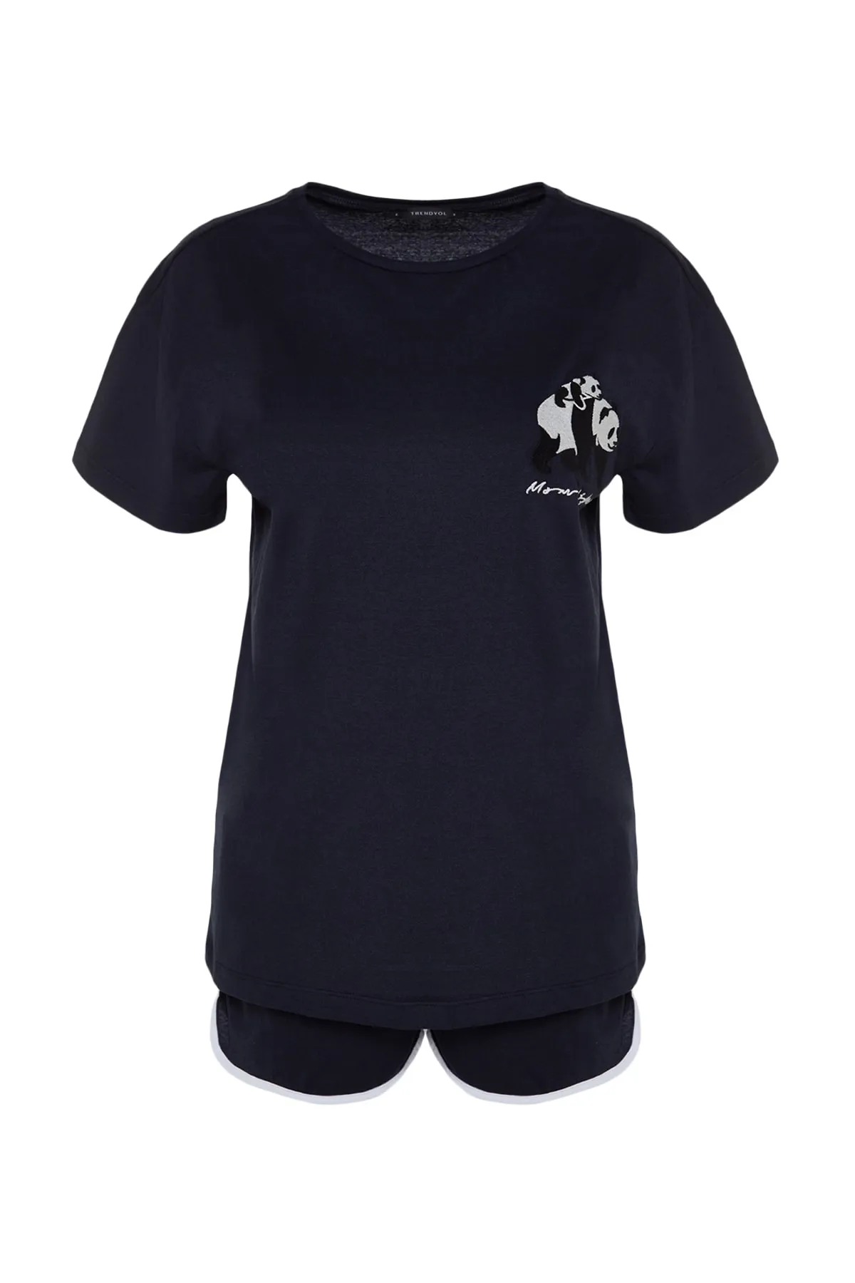 Trendyol Collection  Marineblaues, gestricktes Pyjama-Set mit Tanktop und Shorts aus 100 % Baumwolle mit Panda-Aufdruck THMSS22PT00005