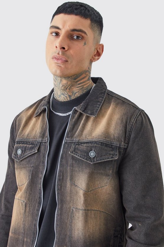 Tall Zip Through Washed Denim Jacket
