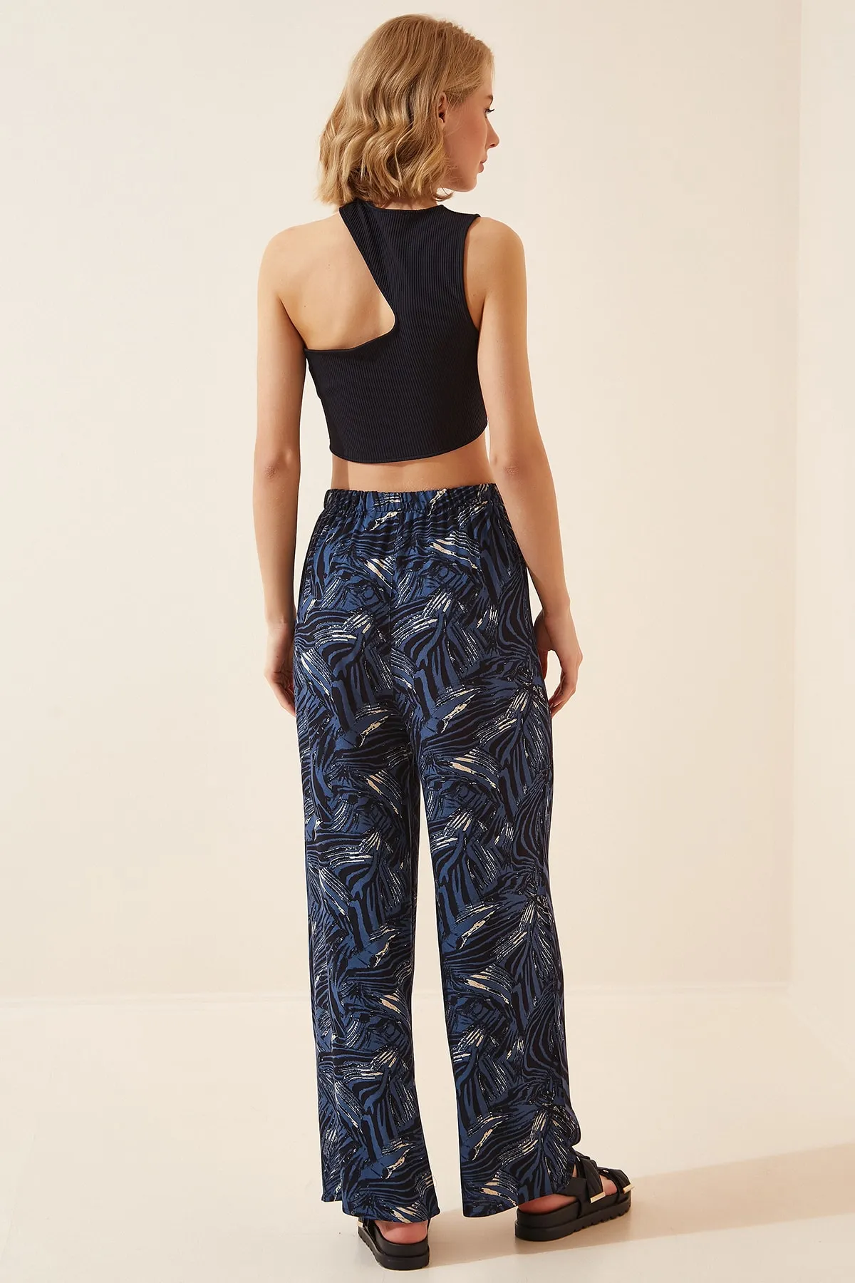 Happiness İstanbul  Damen-Sommerhose aus lockerer Viskose in Kobaltblau mit hoher Taille, BH00354