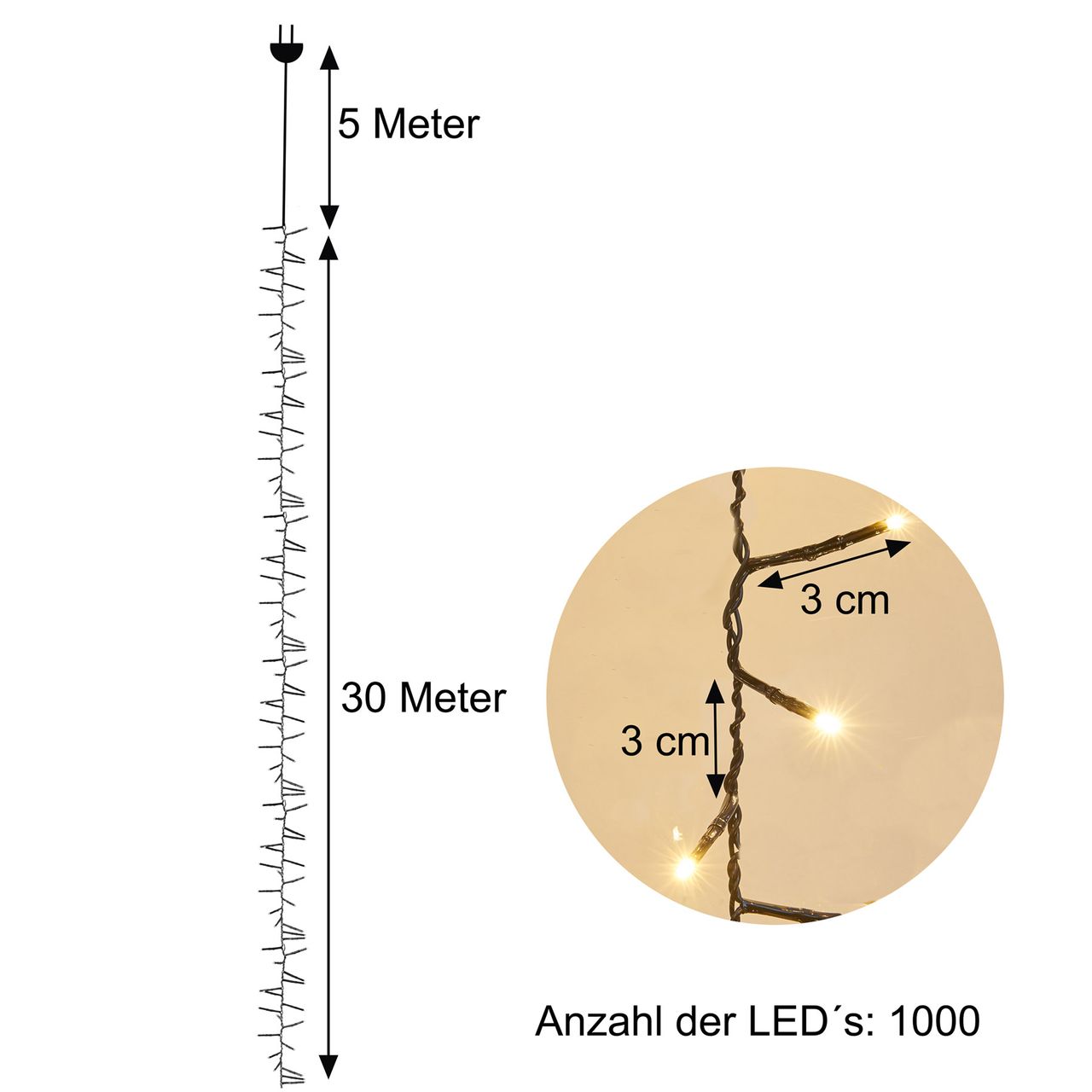 Weles AMARE 1000 LED Lichterkette warmweiß Länge 30 m (zzgl. 5 m Zuleitung), für den Innen- und Außenbereich, 8 Leuchtmodi/Fernbedienung/Timer /Dimmfunktion