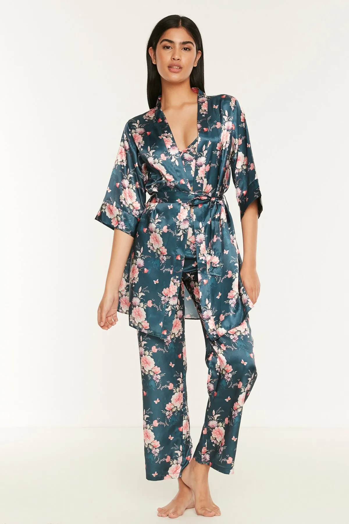 C&City  045 Gemustertes 3-teiliges Satin-Pyjama-Set für Damen Petrolgrün
