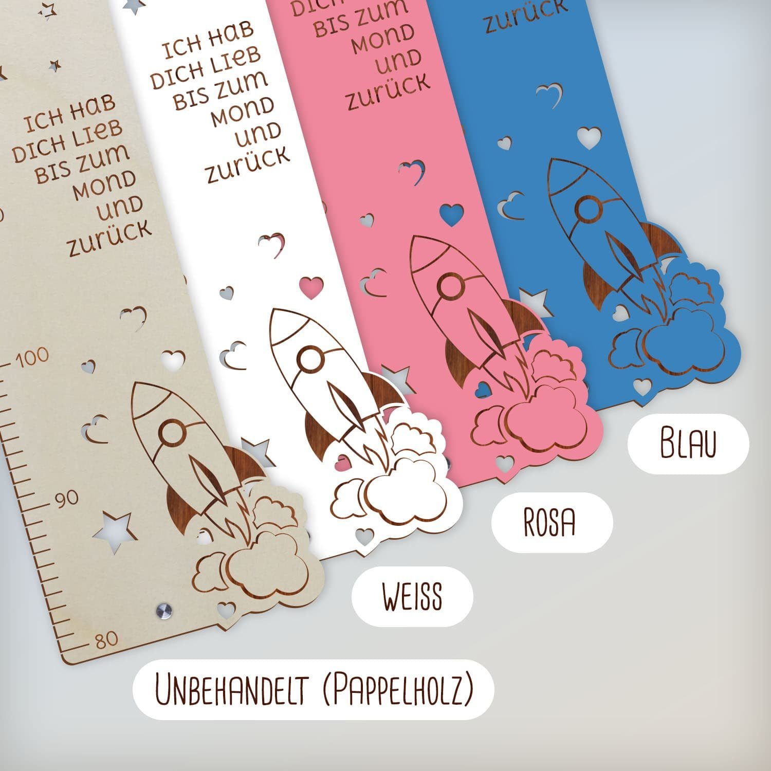Namofactur Messlatte Kinder Holz Messlatte „Ich hab dich lieb bis zum Mond..” Junge Mädchen, Skala von 80-130 cm, Inkl. Edelstahl Wandhalterung Set