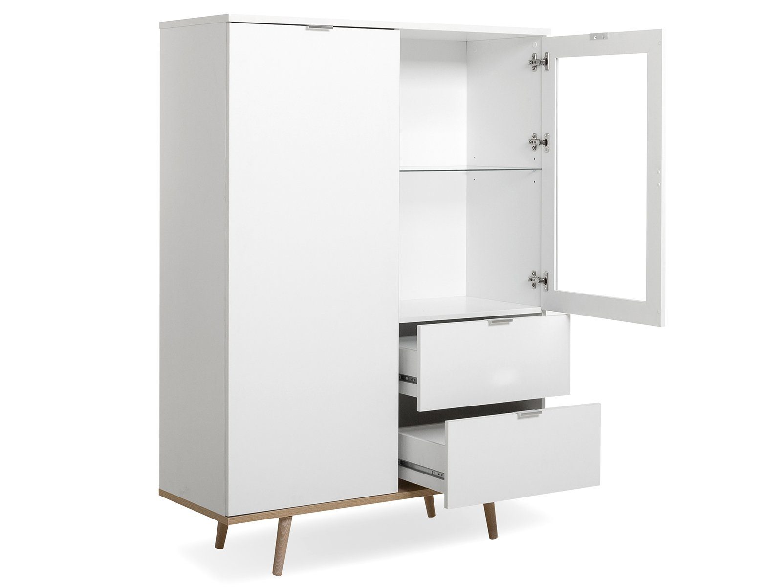 möbelando Highboard Dalarna, Modernes Highboard aus Spanplatte in Weiß, Füße aus Massivholz in Sonoma-Eiche mit 1 Glas-/Holztür, 1 Holztür, 2 Schubkästen, 2 Einlegeböden und 1 Glaseinlegeboden. Breite 100 cm, Höhe 140 cm, Tiefe 40 cm