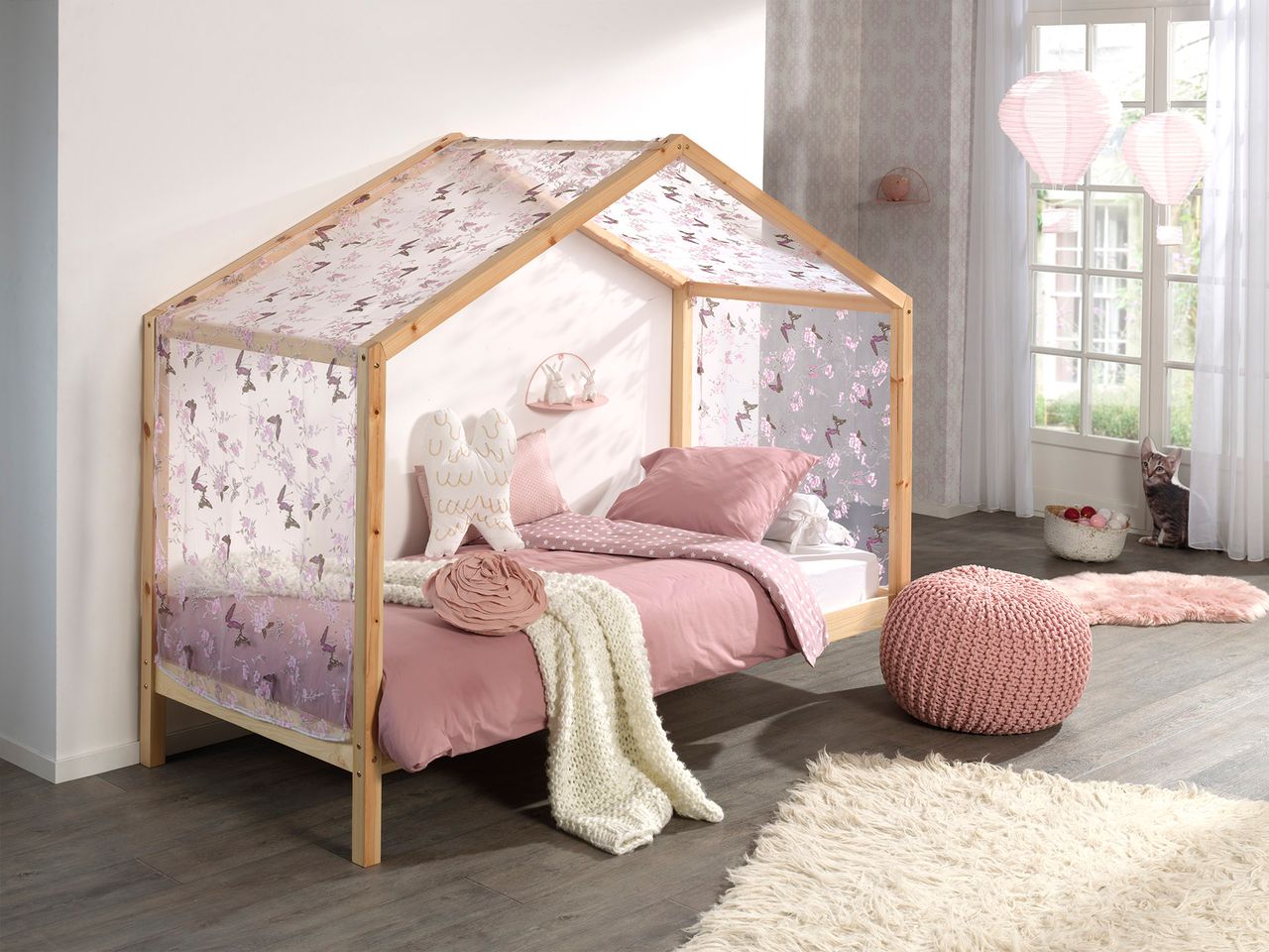 VIPACK Dallas 3 Hausbett 90 x 200 cm Liegefläche inkl. Textilhimmel, Natur