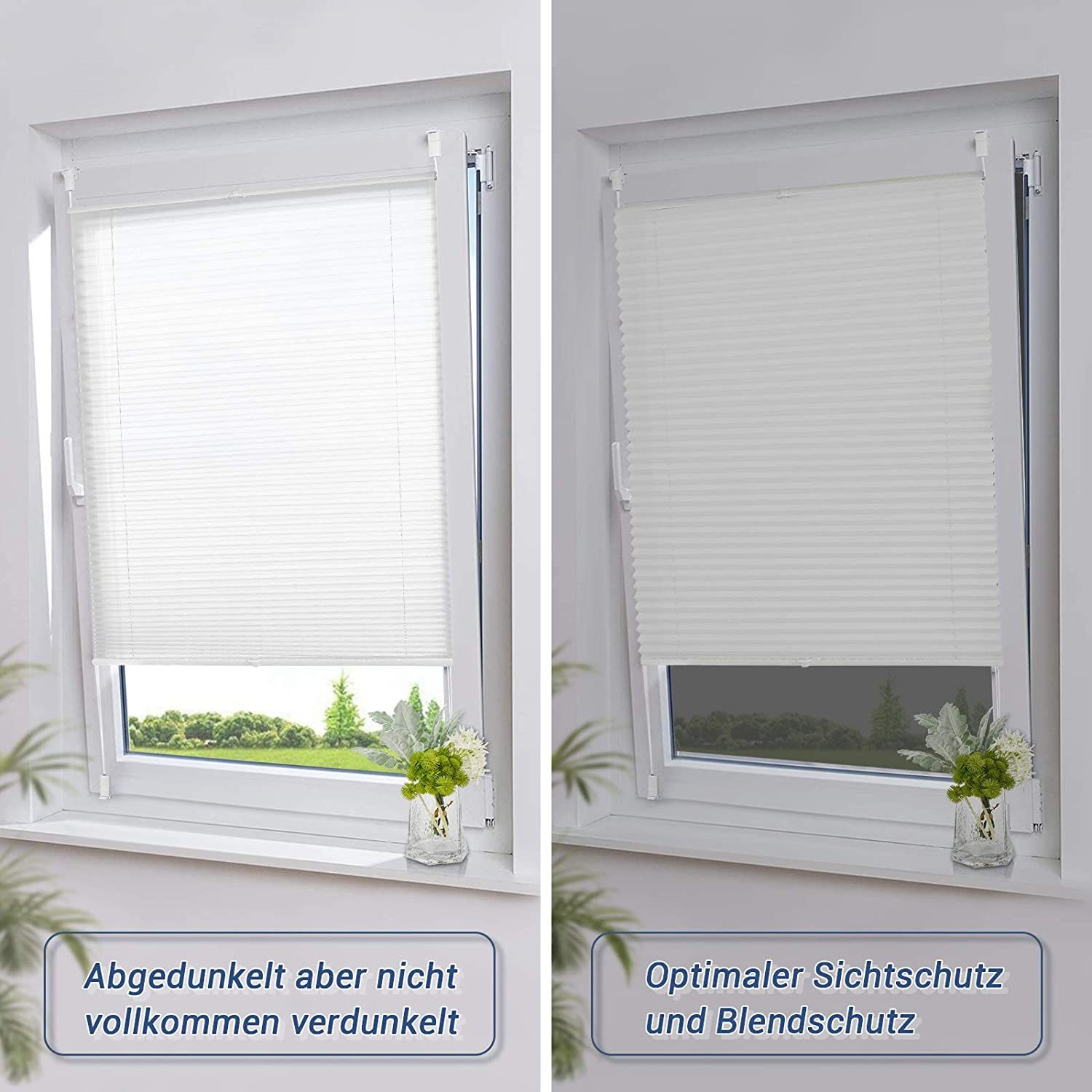 Plissee ohne Bohren Klemmfix, Sichtschutz und Sonnenschutz, OUBO, Lichtdurchlässig Rollo für Fenster & Tür, Klemmfix, mitgelieferten, verstellbaren Klemmträger