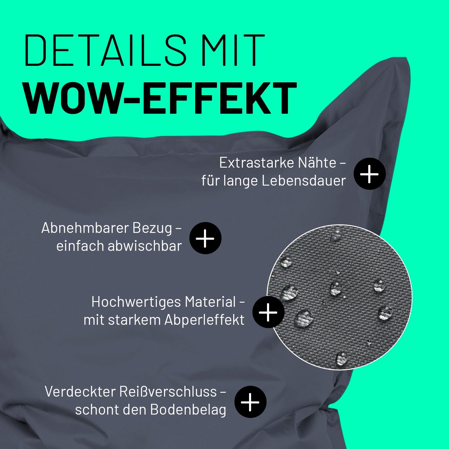 Lumaland Sitzsack Luxury Riesensitzsack XXL Bodenkissen, 380L 140x180cm waschbar wasserfest In-& Outdoor 5 Jahre Garantie