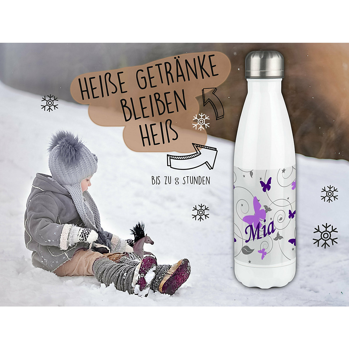 Edelstahl Kinder Thermoflasche / Trinkflasche bunt Schmetterling Ornamente Farbe flieder lila Spülmaschinenfest, Auslaufsicher, Bruchfest, Doppelwandig, Für Heißgetränke geeignet, Mit Deckel, Isol