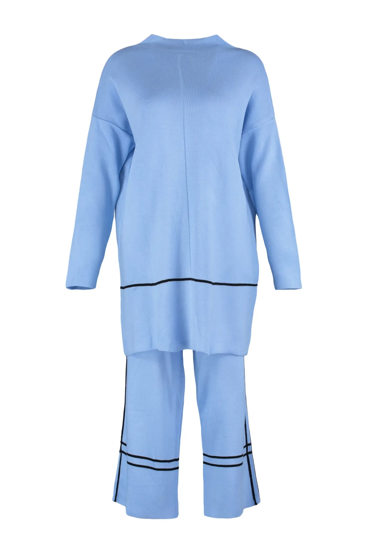 Trendyol Modest  Blaues Strickset mit halbem Rollkragen und Streifendetail, Pullover und Hose TCTAW23US00018