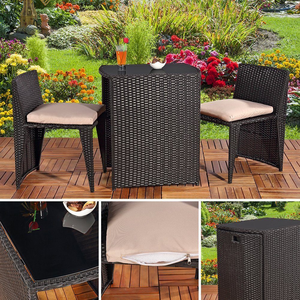Melko Gartenlounge-Set Gartenmöbel Sitzgarnitur Essgruppe 3er Set Tisch&2 Stühle Polyrattan, (Set, 4-tlg), Beansprucht wenig Platz