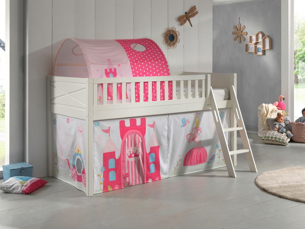 VIPACK Spielbett SCOTT, LF 90 x 200 cm, mit Rolllattenrost, Leiter und Textilset Vorhang und Tunnel 