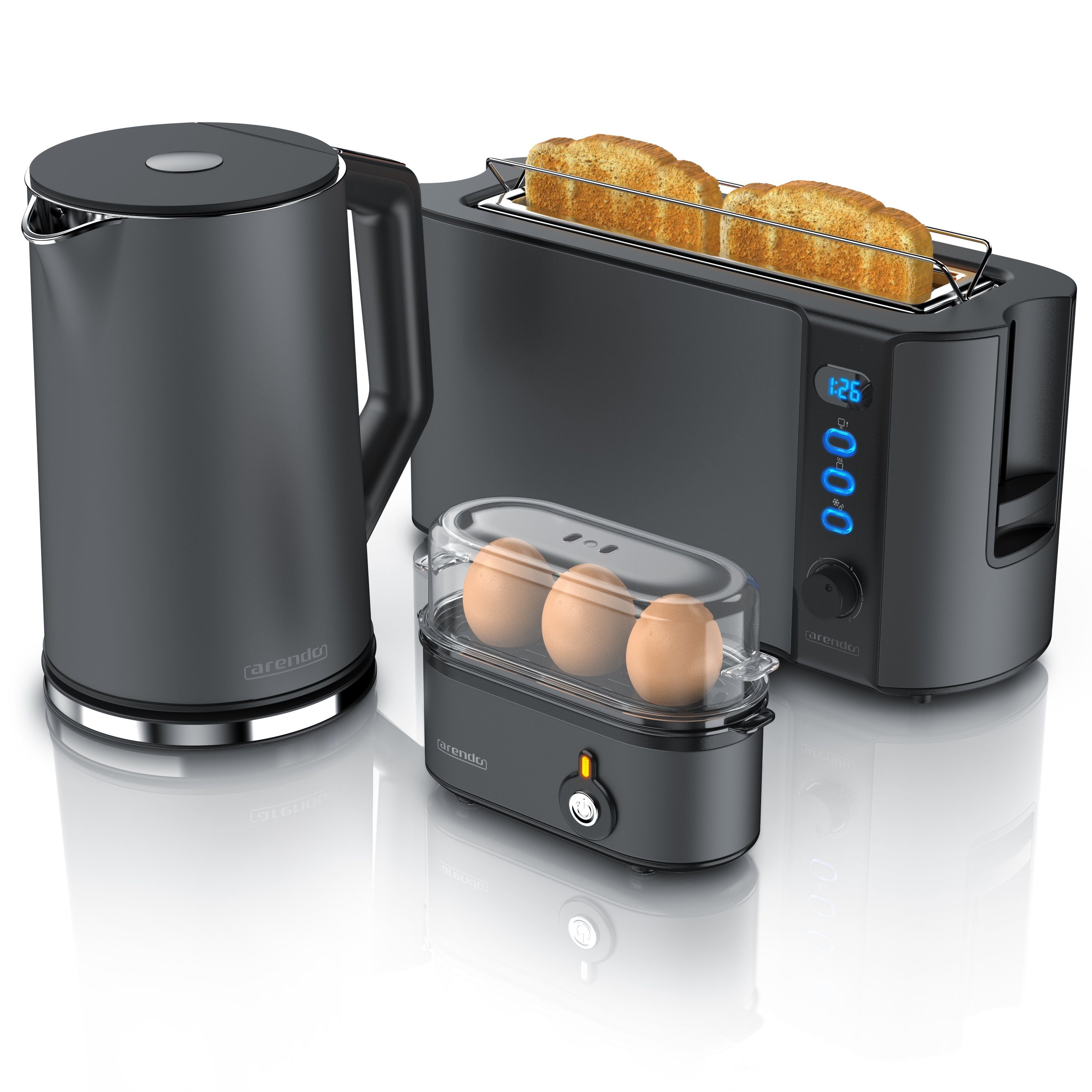 Arendo Frühstücks-Set (3-tlg), Wasserkocher 1,5l / 2-Scheiben Toaster / Eierkocher, Edelstahl, Grau