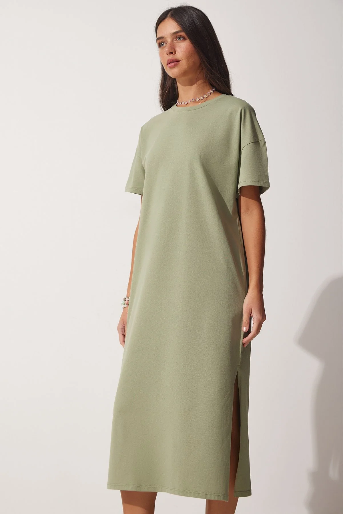 Happiness İstanbul  Damen-Khaki-Baumwoll-Sommerkleid aus gekämmter Baumwolle UB00080