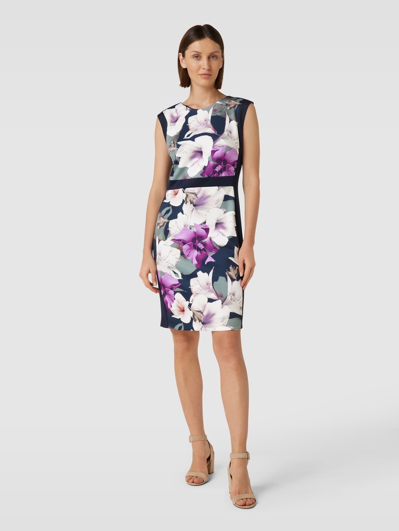 Knielanges Cocktailkleid mit floralem Print in marineblau