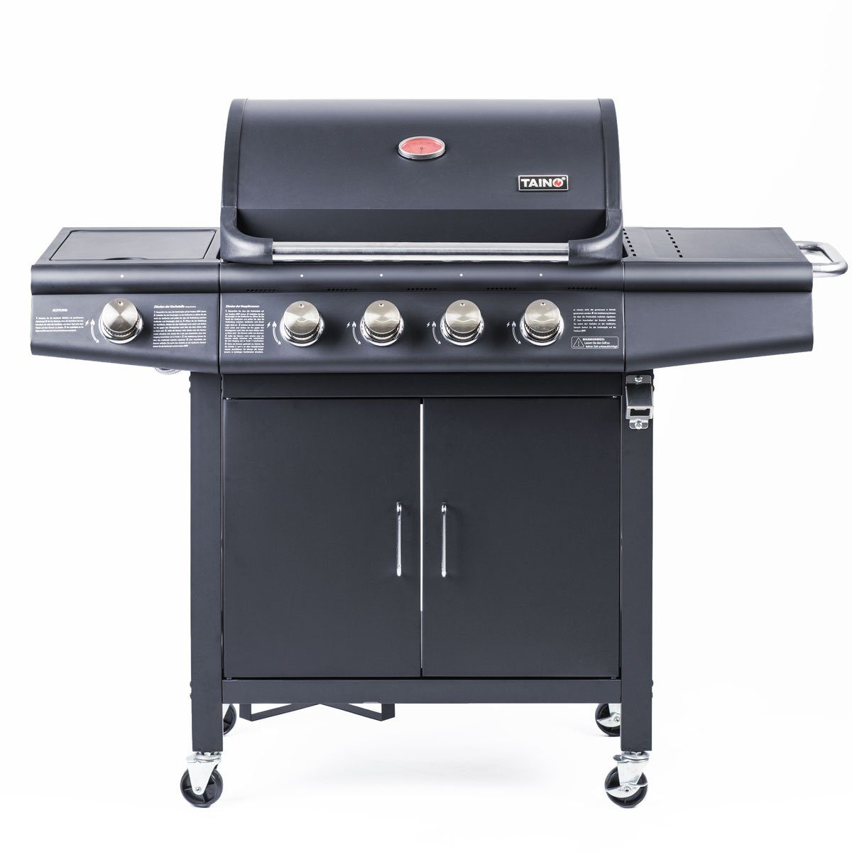 TAINO Gasgrill RED 4 +1, Gasgrill inkl. Abdeckhaube und Gasdruckminderer mit Schlauch, Standgrill, Edelstahl-Brenner, Gas-Flaschenhalter