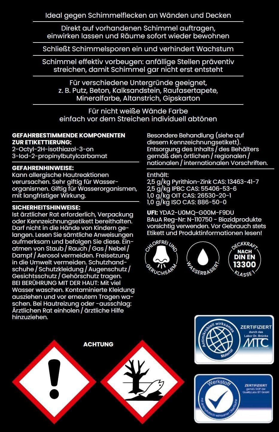 Tonis SCHIMMELSCHOCK Wandfarbe SCHIMMELSCHOCK 5.0 Antimikrobielle Spezialfarbe zur Schimmelbekämpfung, Gebinde 4,5 L für 18 m2