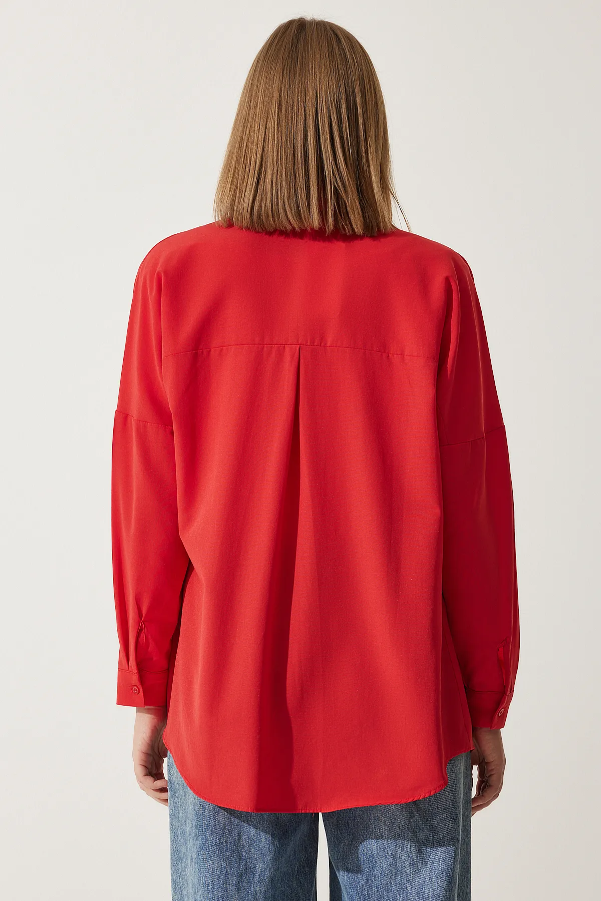 Happiness İstanbul  Damen Mittelrotes Oversize Langes Basic Shirt DD00842