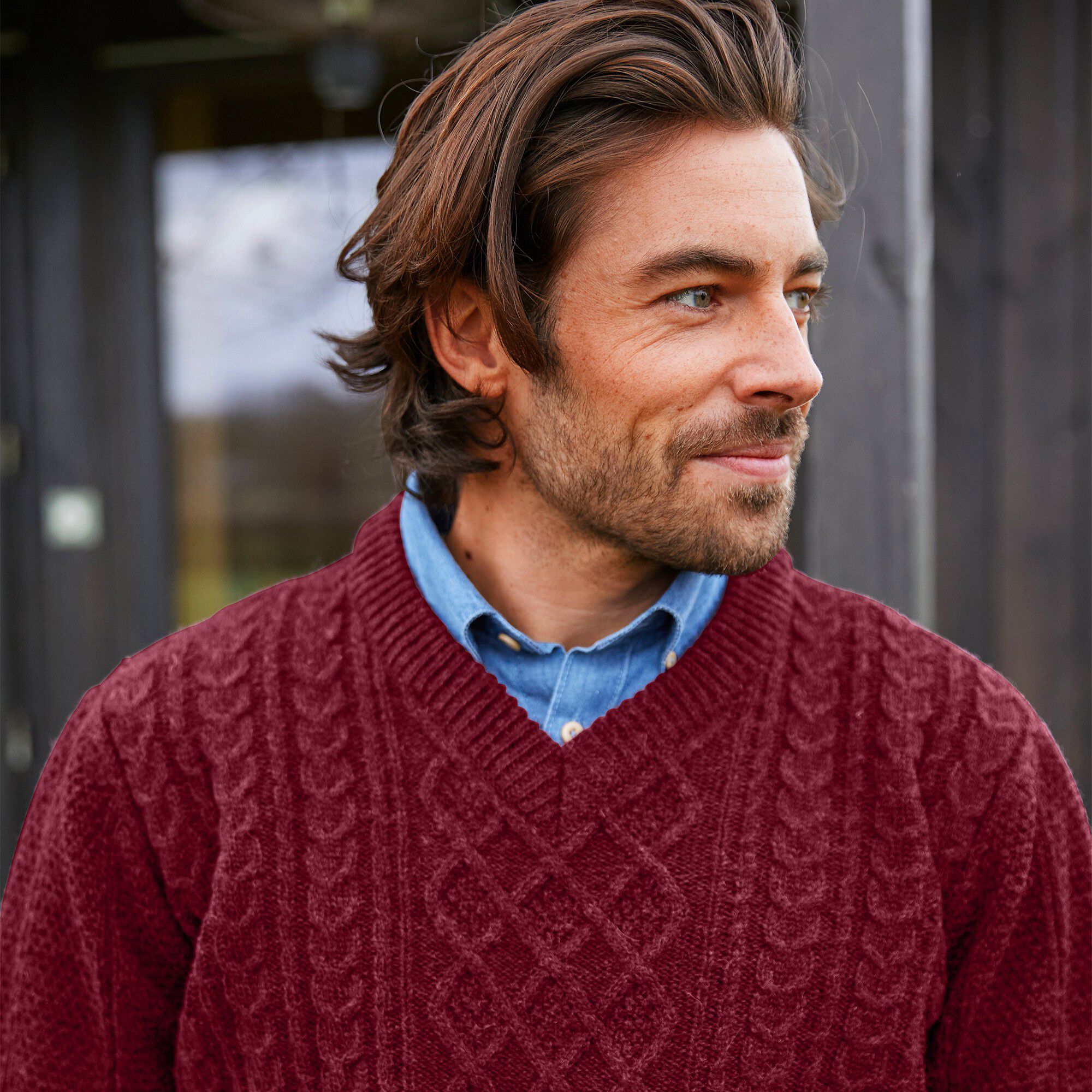 Pull col V maille irlandaise