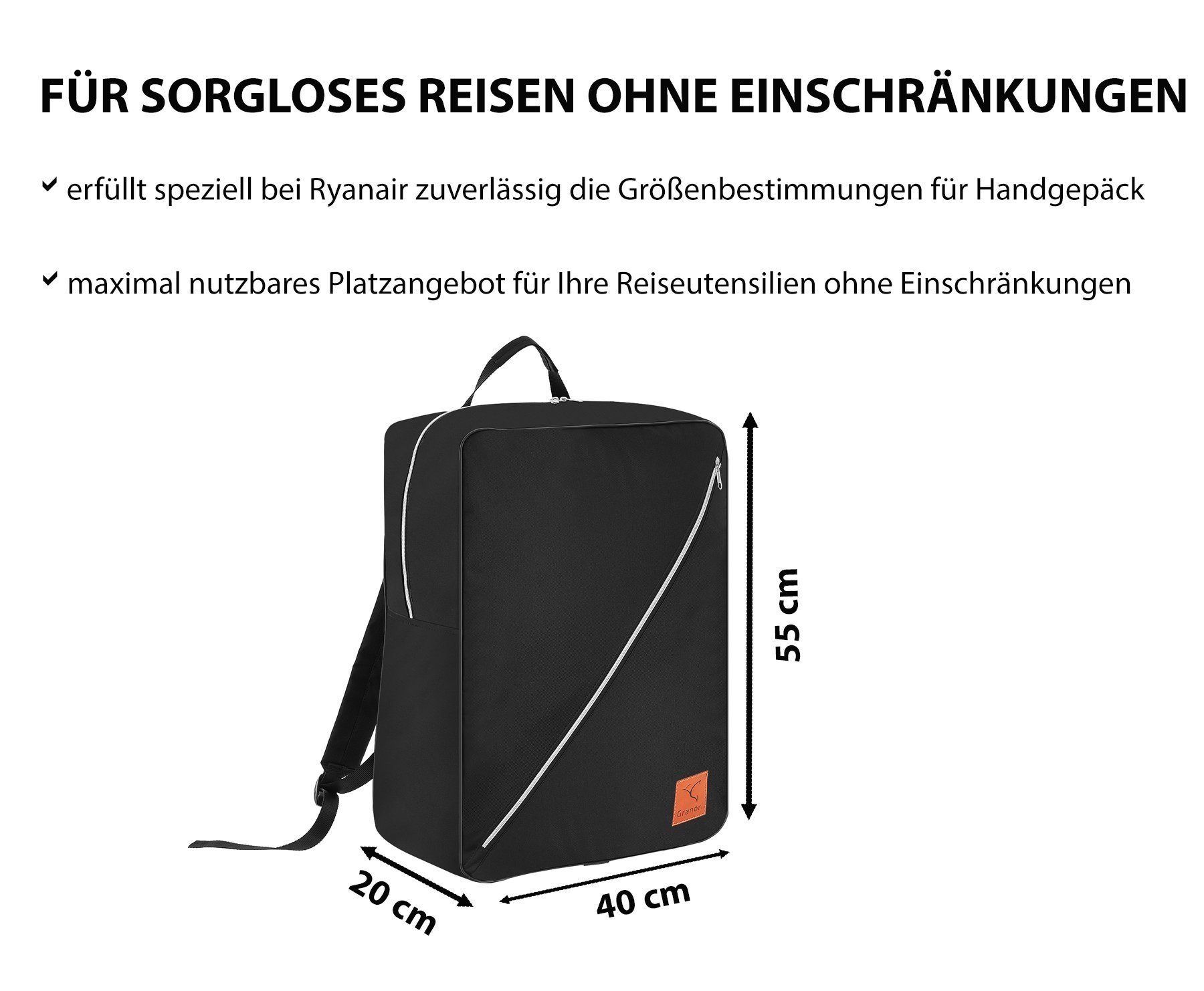 Granori Reiserucksack 55x40x20 cm XL Handgepäck gemäß IATA Empfehlung – leicht & viel Platz, über 40l Fassungsvermögen, mit abschließbarem Hauptfach
