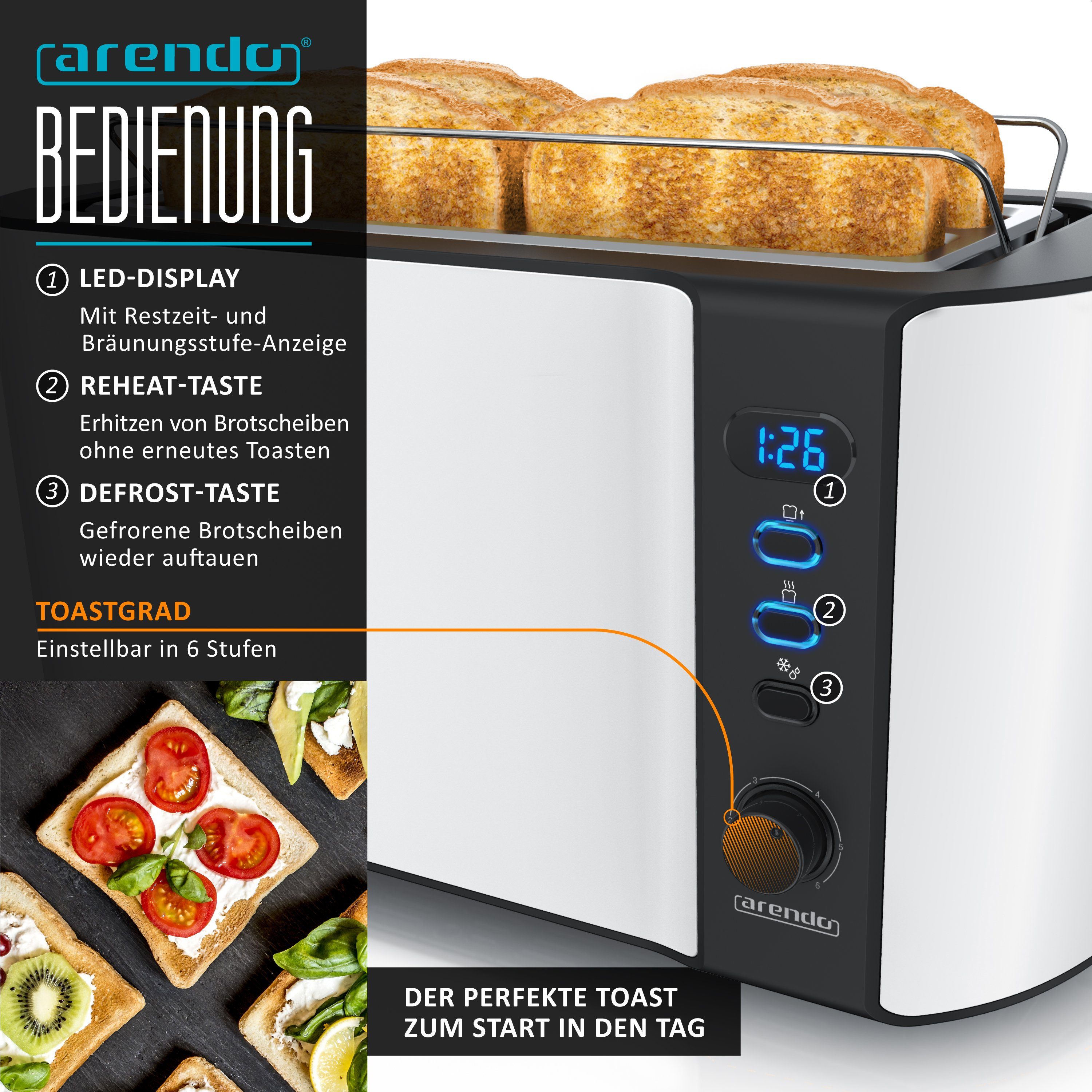 Arendo Frühstücks-Set (2-tlg), Edelstahl Wasserkocher 1,5l, 4-Scheiben Langschlitz Toaster, Weiß Matt
