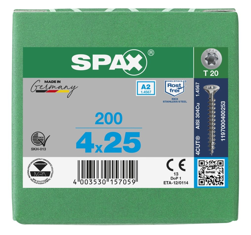 SPAX 1197000400253 Вијак од нерђајућег челика 4 x 25 мм, пуни навој, упуштена глава, T-STAR T20 - 200 комада