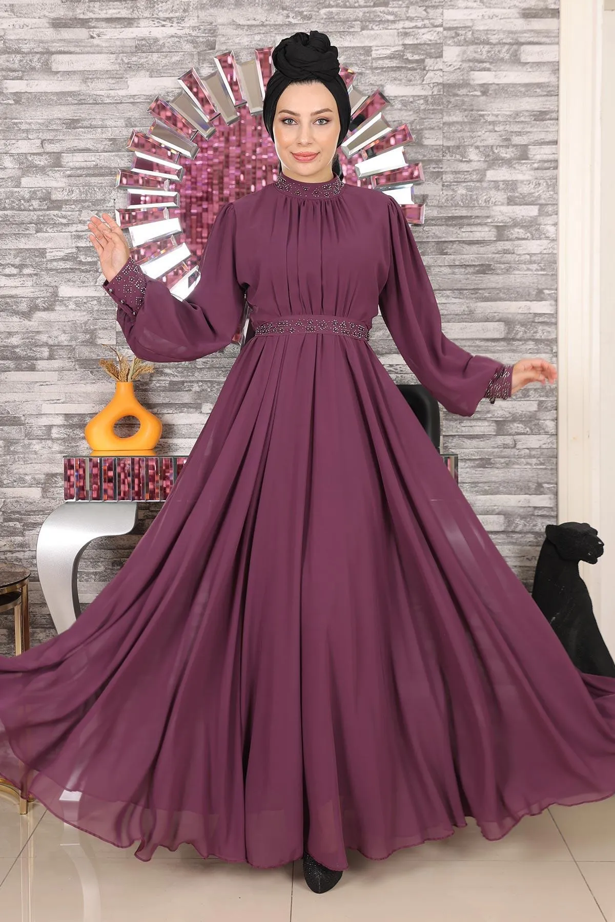 Modamihram  Steindetailliertes Chiffon-Abendkleid Pflaume 19109