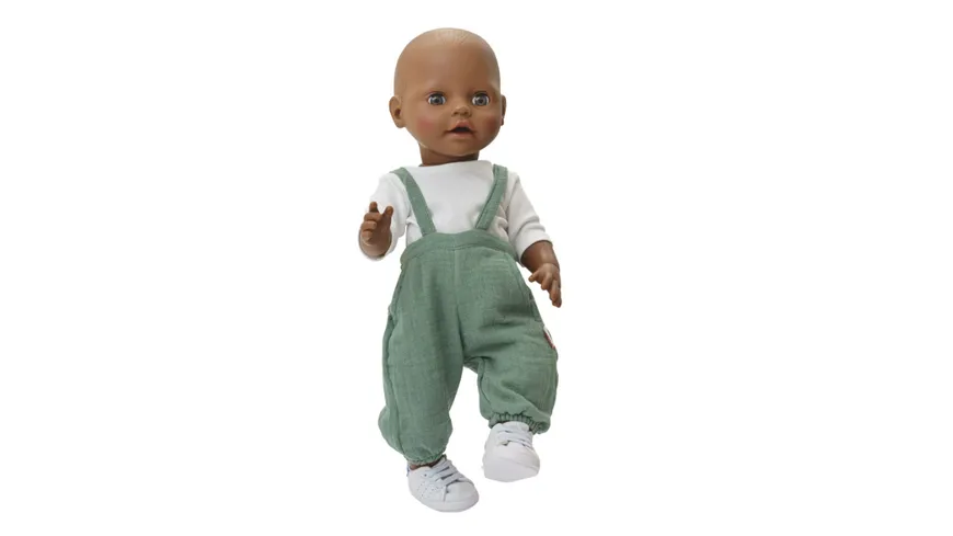 Heless - Puppen-Latzhose aus 100 % Bio-Baumwolle, salbeigrün, mit weißem T-Shirt, 2-teilig, Gr. 35-45 cm