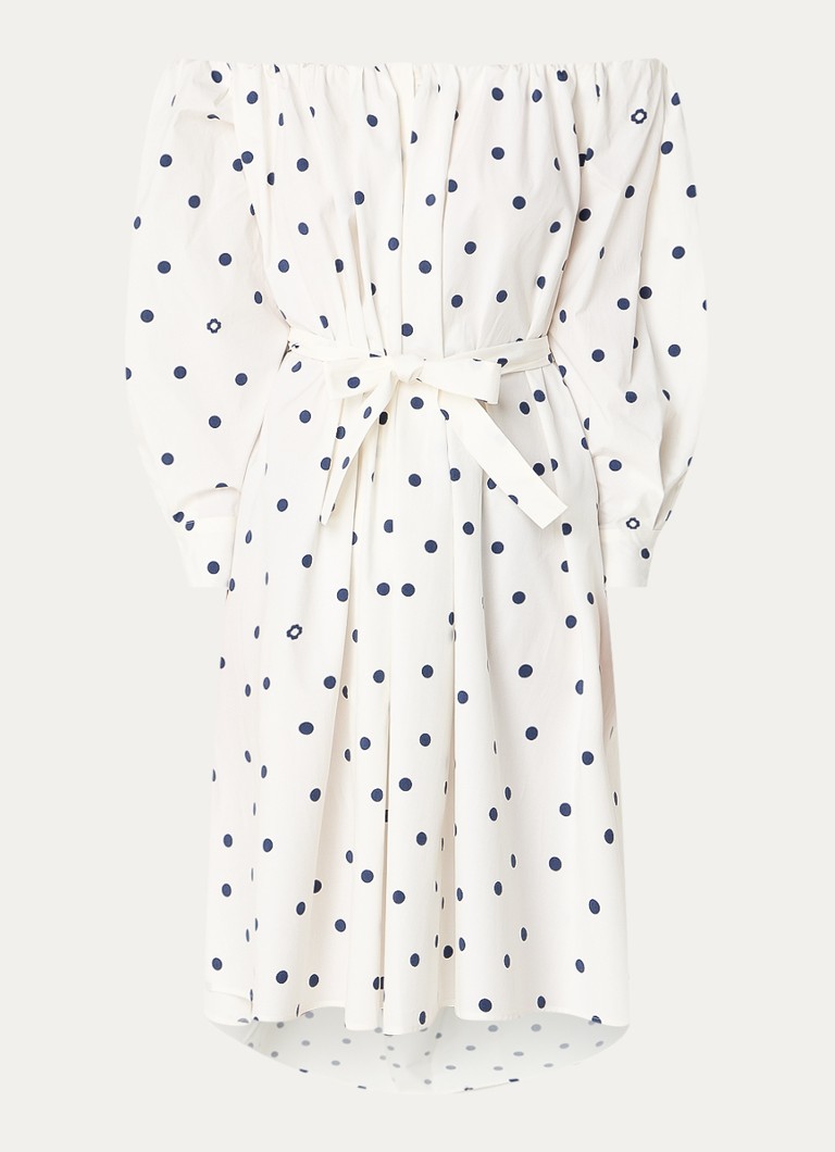 Maje off-shoulder midi dress with polka dot print and tie belt