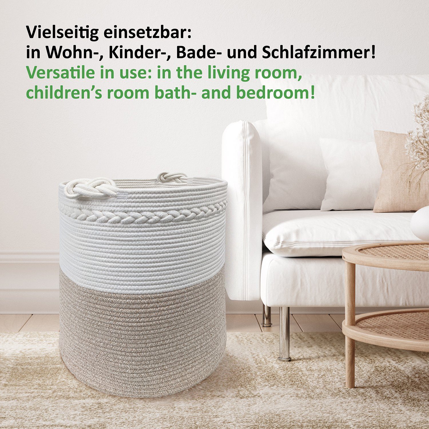WIESEN.design Wäschekorb Knut Hellbraun/Weiß, 100% Baumwolle, Aufbewahrungskorb geflochten, inkl. großem Waschsack und schwerem Wäschesack, gratis Versand