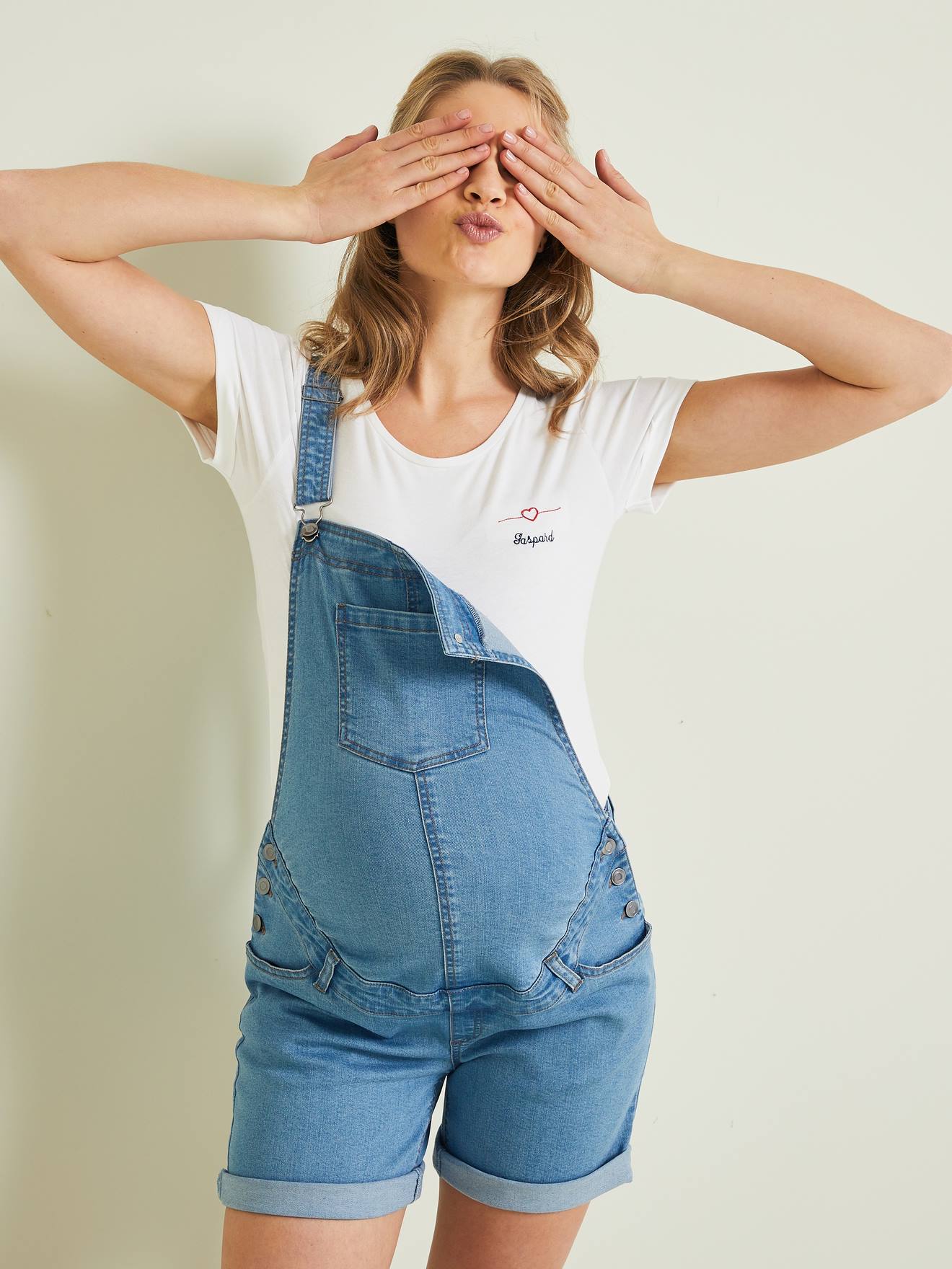 Salopette short en jean de grossesse double stone