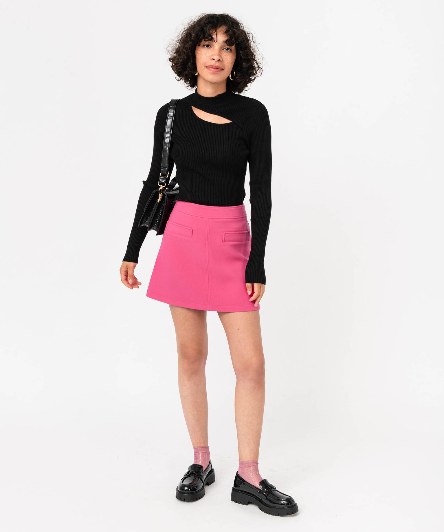 Pull ctelé à col montant avec ouverture buste femme noir | GEMO