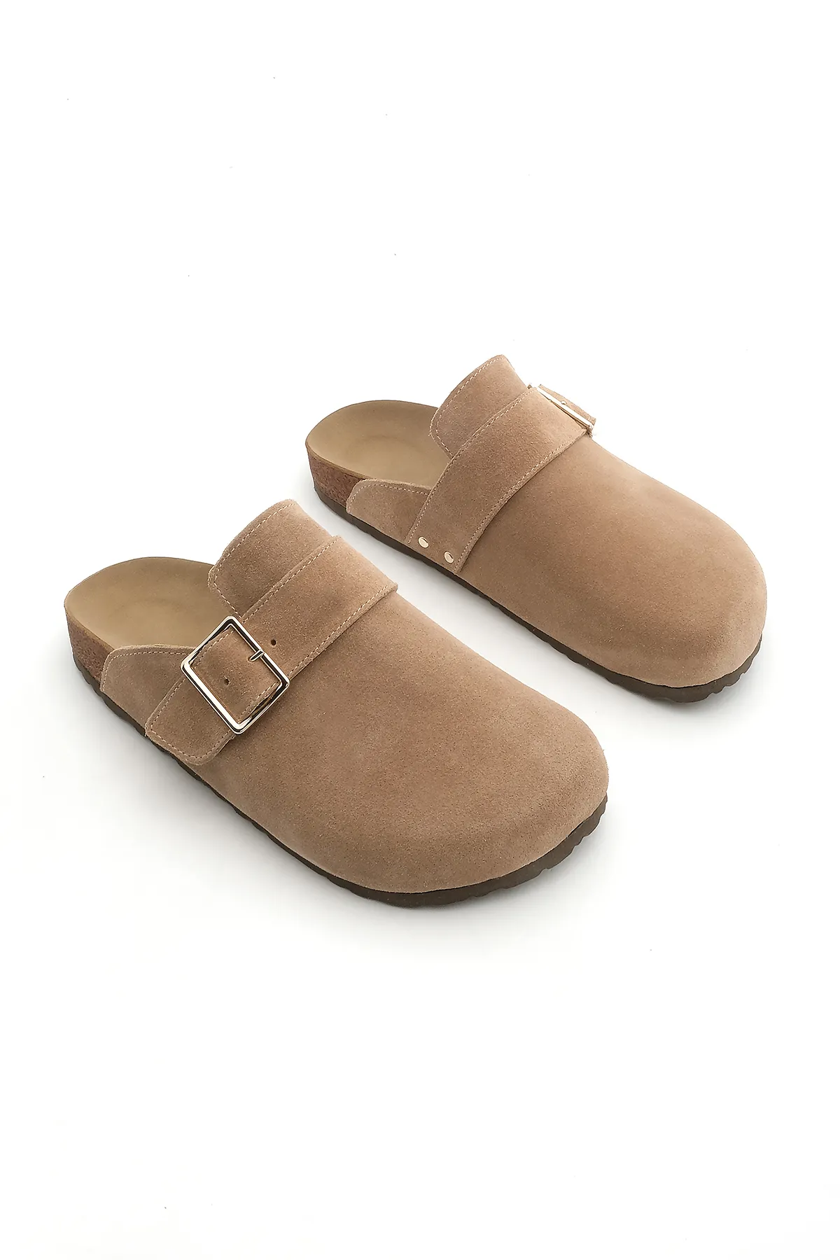 Marjin  Damen-Hausschuhe aus echtem Leder mit Eva-Sohle und geschlossener Schnalle vorne, Sumpa Camel Wildleder