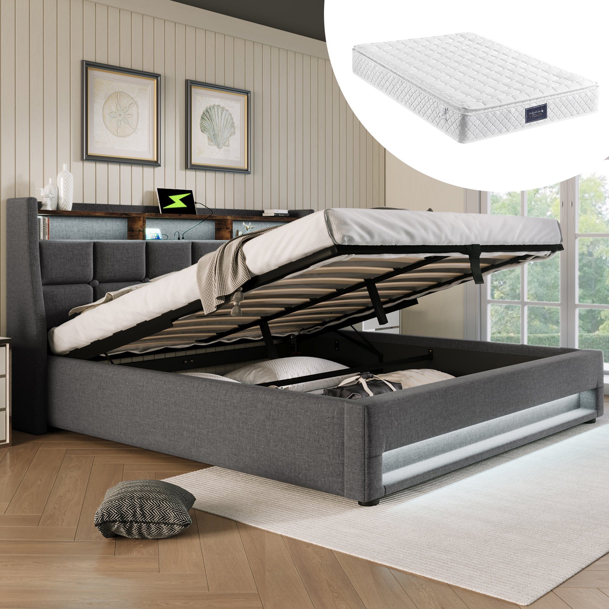 OKWISH Polsterbett Bett (LED Doppelbett Jugendbett mit USB/Typ-C Ladeanschluss), 160 x 200 cm Inklusive Matratze