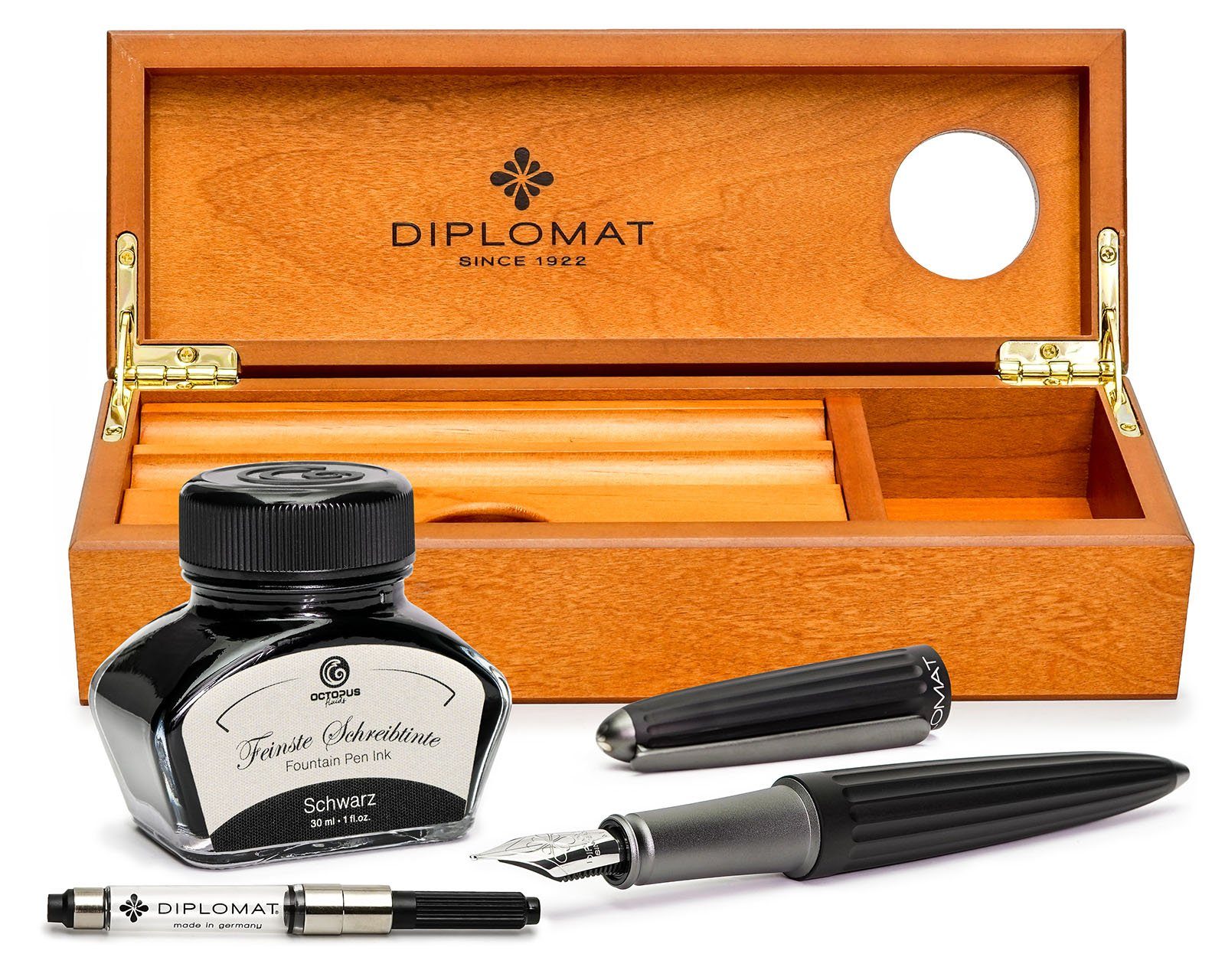 DIPLOMAT Füllhalter Aero schwarz mit Schreibtinte, (Komplett-Set mit Tintenkonverter, Schreibtinte Schwarz von Octopus Fluids und Holzetui), MADE IN GERMANY
