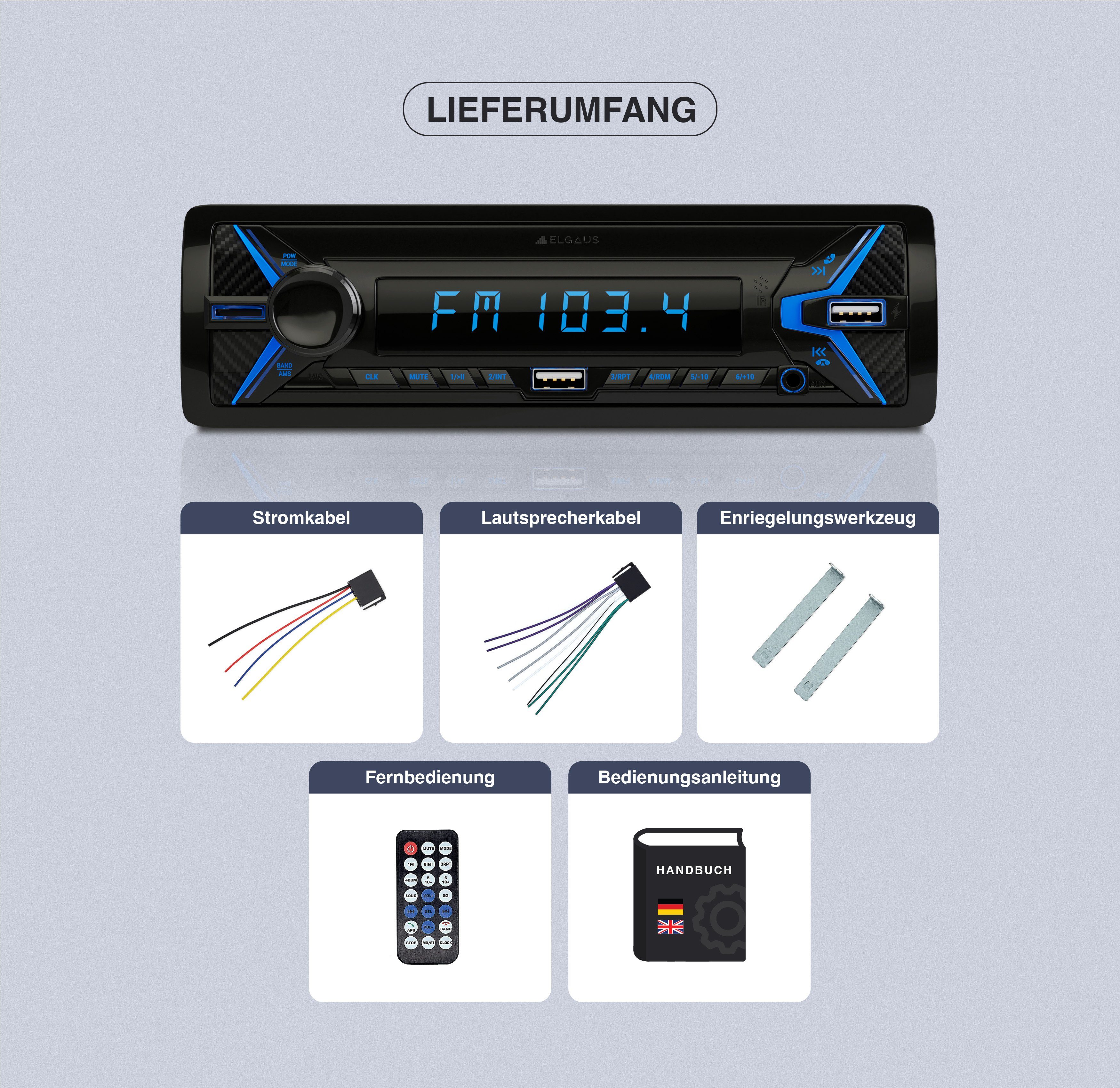 ELGAUS OM-190P 1 Din Autoradio (FM/AM, RDS, Bluetooth, RDS, Fernbedienung, ID3, Appsteuerung, Manual in DE/EN)