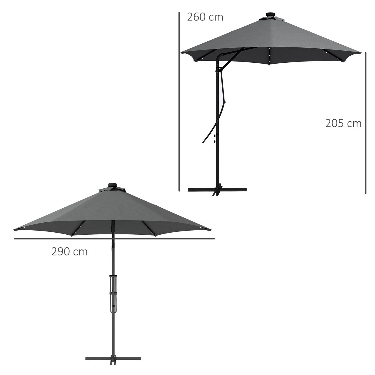 Outsunny Sonnenschirm Ø290cm LED Ampelschirm mit UV-Schutz, Kreuzfuß Dunkelgrau