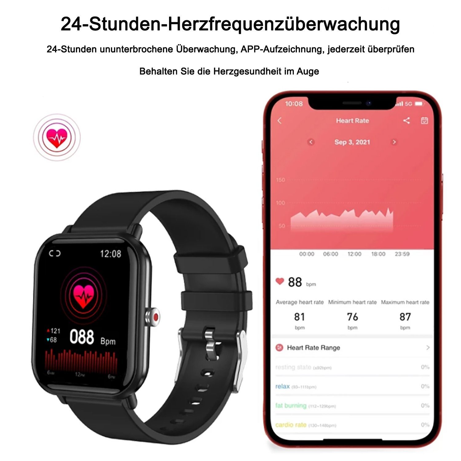 TPFNet SW15 mit Silikon Armband - individuelles Display Smartwatch (Android), EKG Armbanduhr mit Körpertemperatur Erkennung, Musiksteuerung, Schrittzähler, Kalorien, Social Media etc., Rosa
