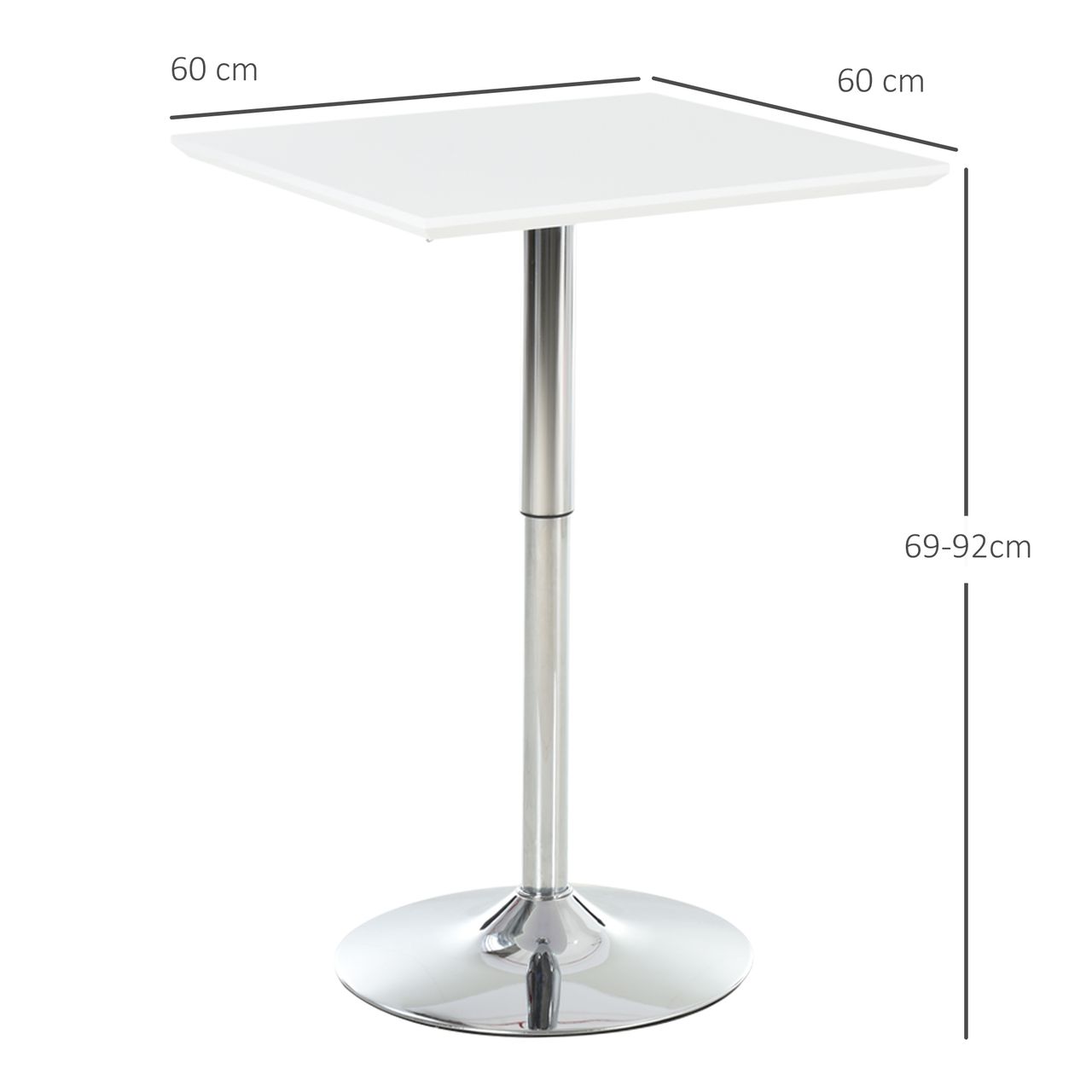 HOMCOM Bartisch Bistrotisch Pub Höhenverstellbarer Quadratischer Stehtisch Tisch Stahl Weiß 60 x 60 x 69-92 cm