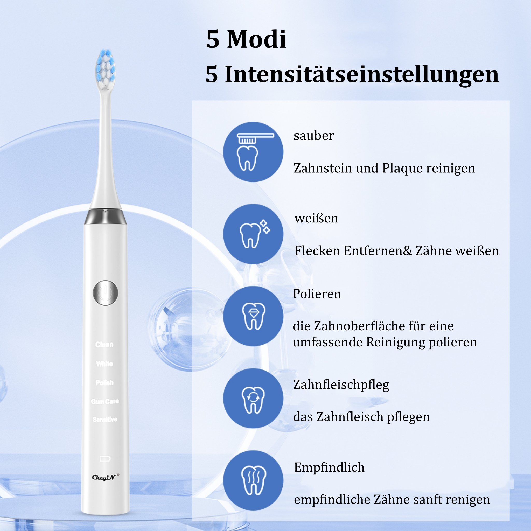 CkeyiN Ultraschallzahnbürste Sonic Magnetic Levitation 3 in 1 elektrische Zahnbürste, Aufsteckbürsten: 4 St., 5 Modi, 5 Intensitätseinstellungen