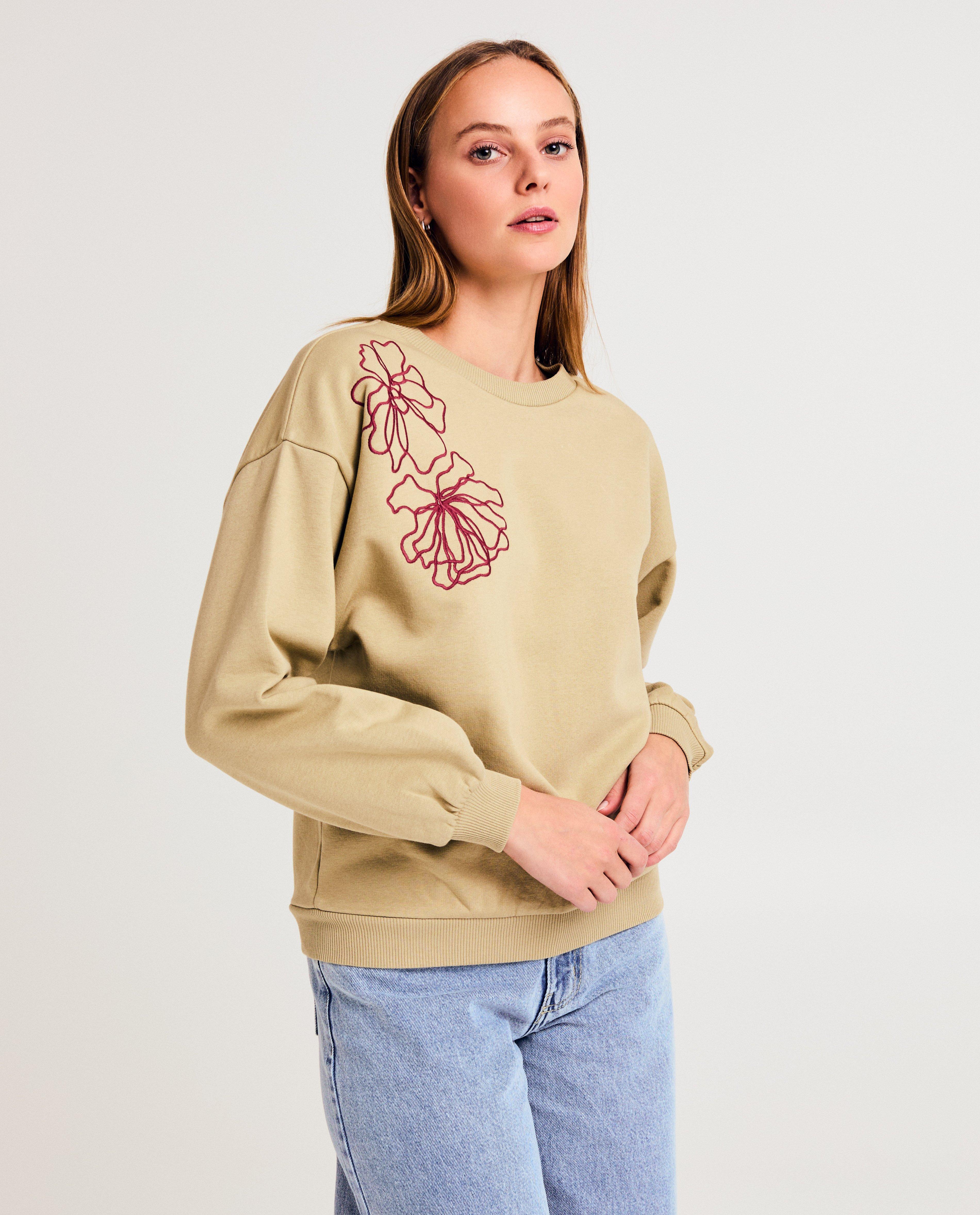 Sora pulóver hímzett khaki virágokkal