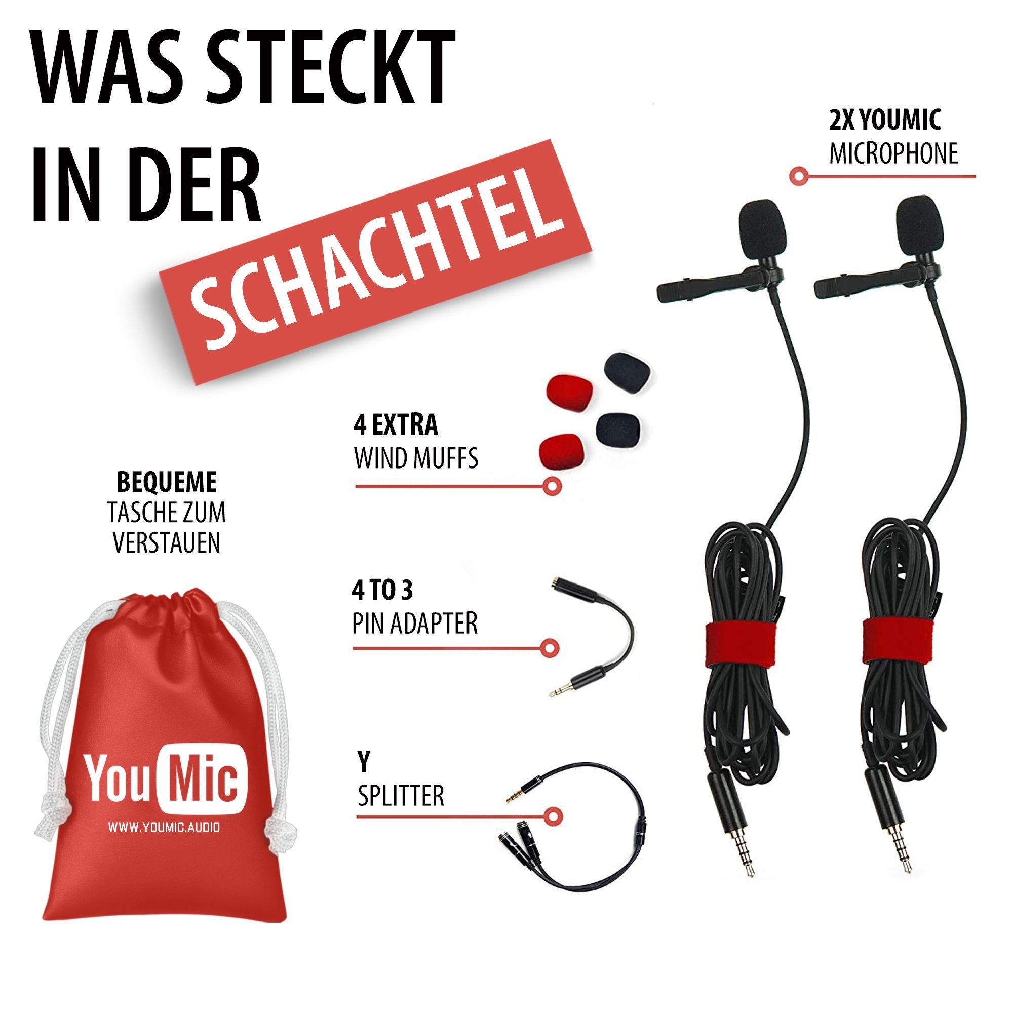 YouMic Mikrofon Set 2 Stück Clip-on Lavalier Mikrofon (1-tlg), für iPhone / iOS / Android