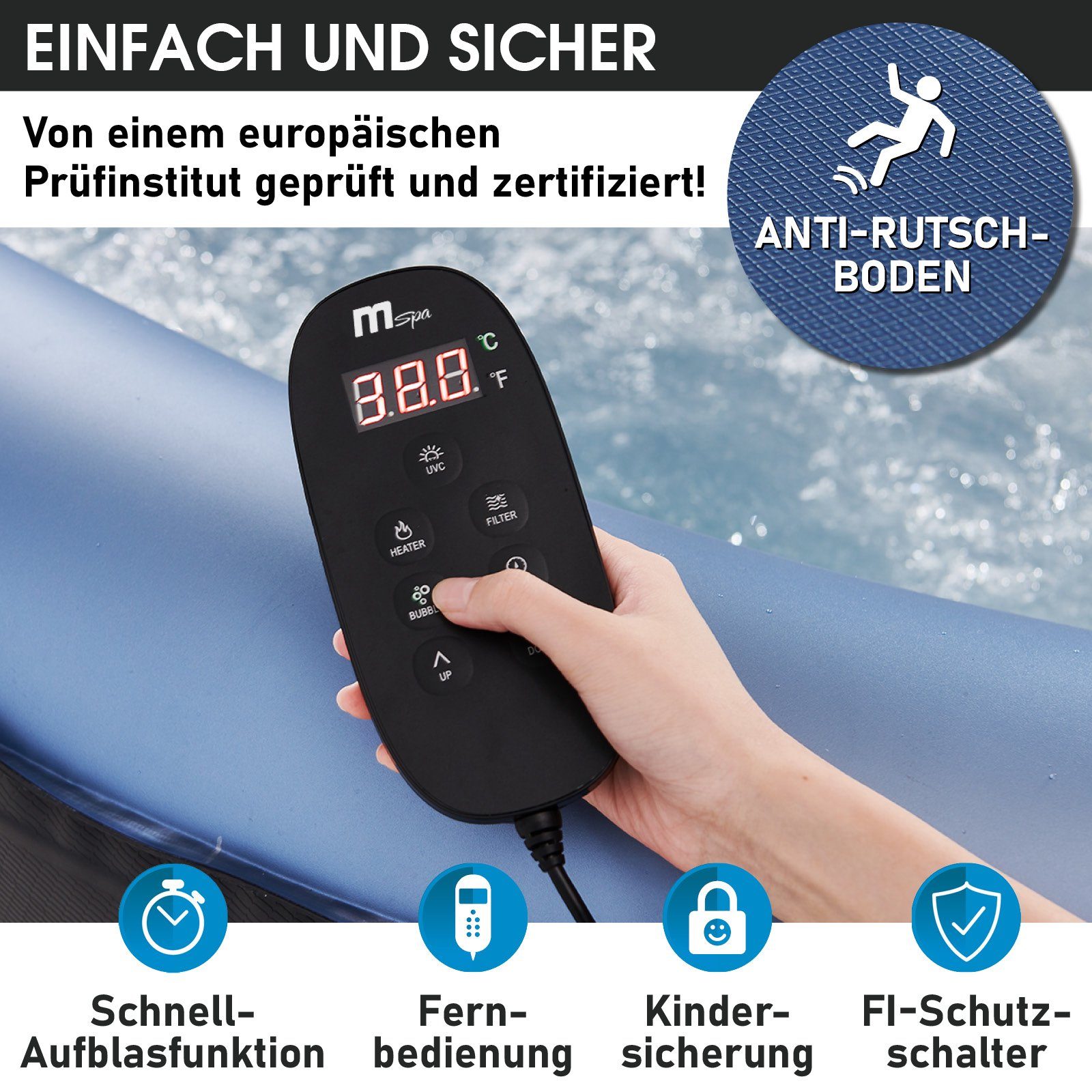 BRAST Whirlpool BRAST aufblasbar Tekapo für 6 Personen 185x185cm, (In-Outdoor Pool 132 Massagedüsen Timer Heizung), Aufblasfunktion per Knopfdruck Bubble Spa Wellness Massage