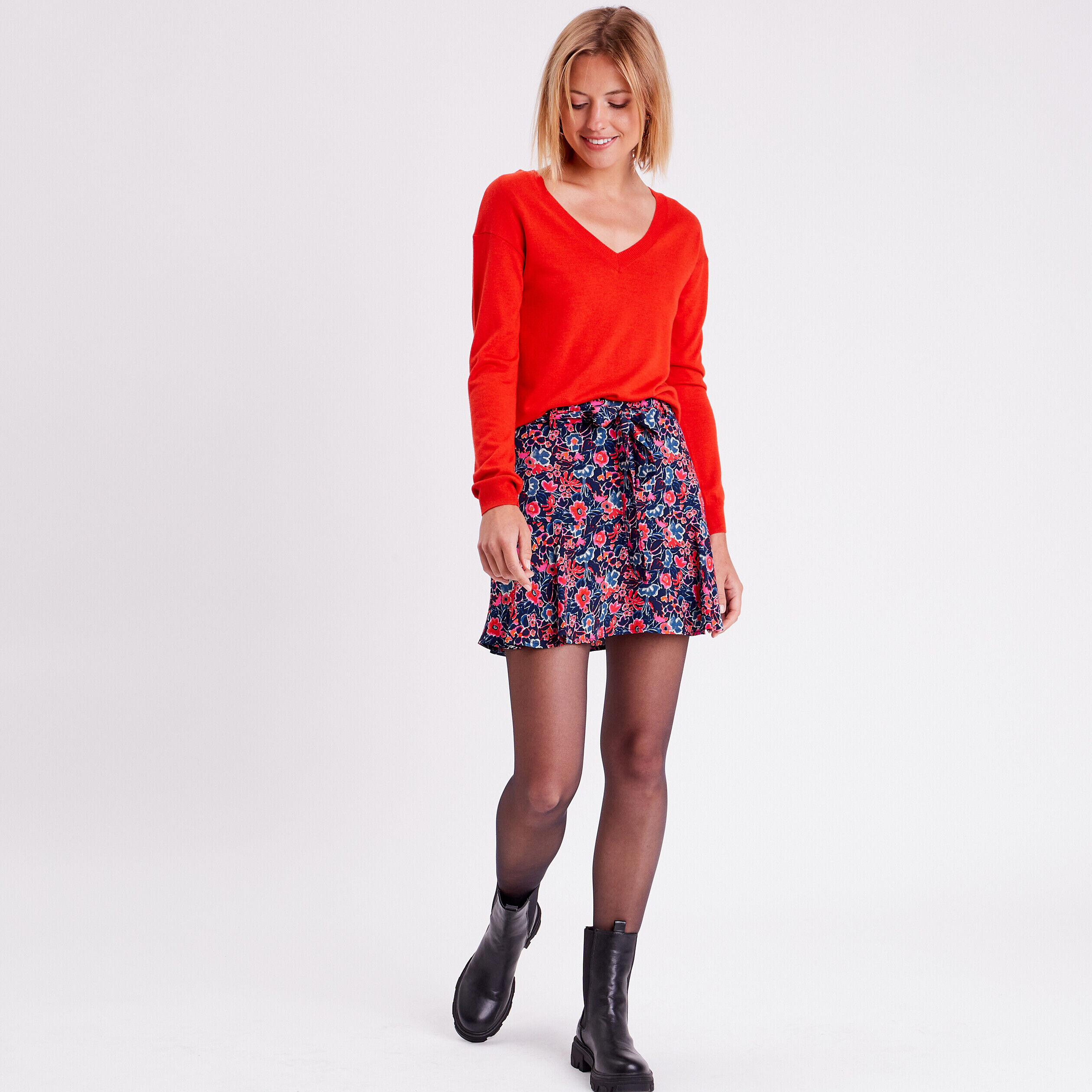 Jupe-short droite ceinturée bleu marine femme | Cache Cache