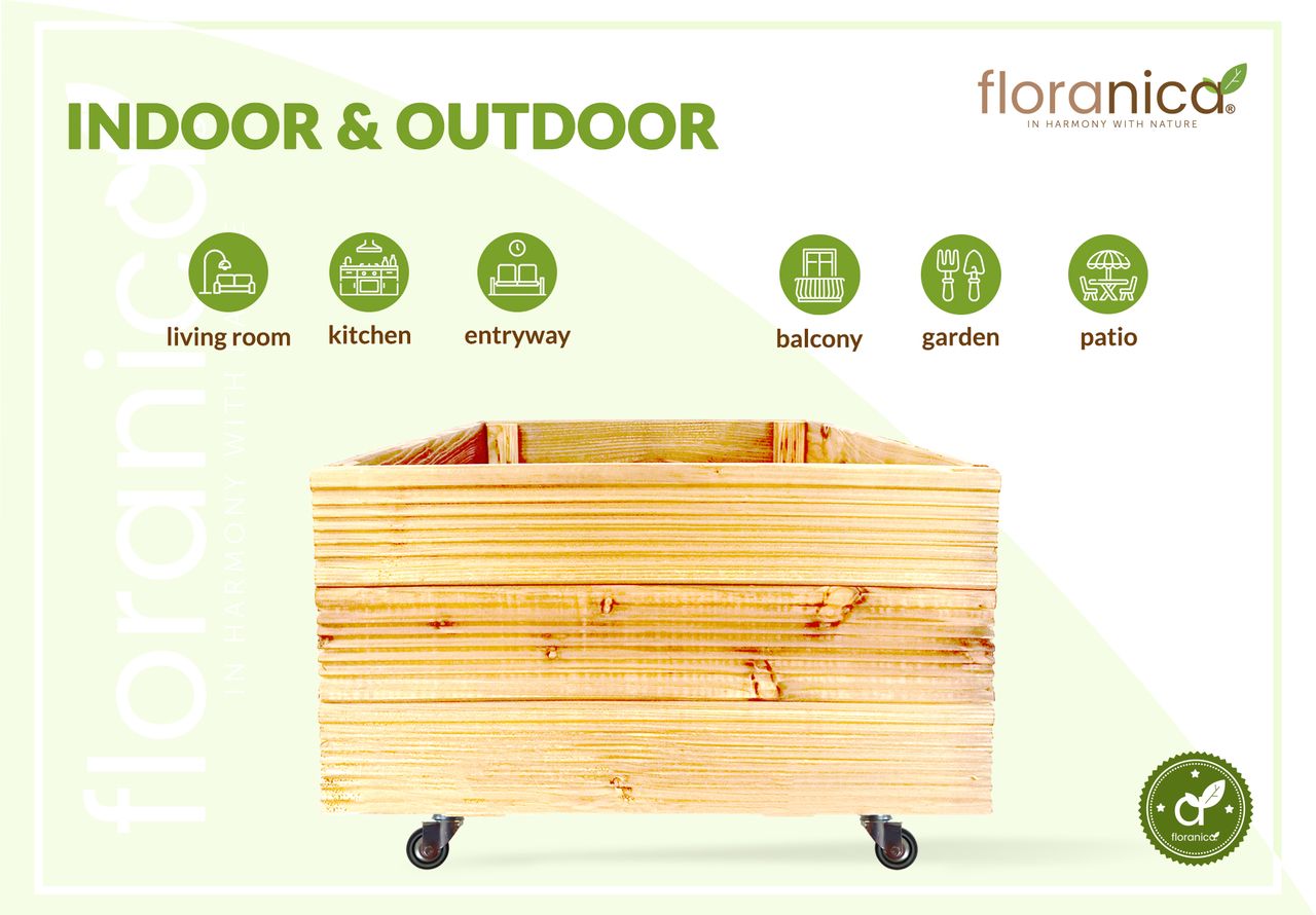 Pemicont Floranica Blumentopf aus Holz Kasten 4 Rollen 50cm x 535cm x 285cm Nicht imprägniertes Lärchenholz Schutzhülle für Kräuter Blumen Haus- und Gartendekoration Innen- und Außenbereich