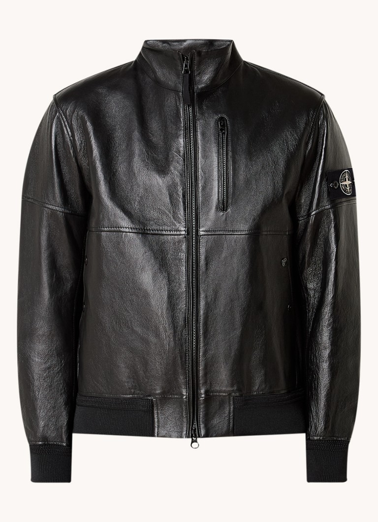 Jachetă bomber Stone Island BB7BC din piele de miel cu buzunare cu fermoar.