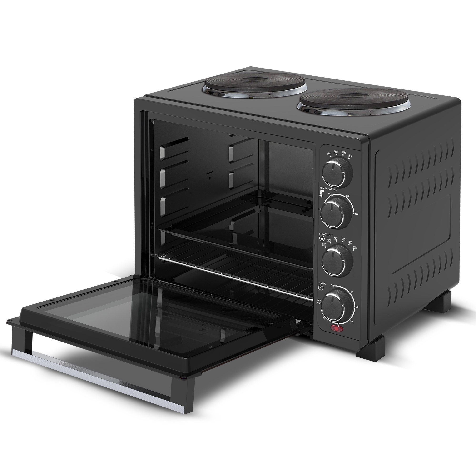 TurboTronic by Z-Line Minibackofen mit Umluft und Drehspieß + 2 Kochplatten 35 Liter, 3200W Pizzaofen, Mini Tisch Backofen Camping Pizzaofen Klein/Groß