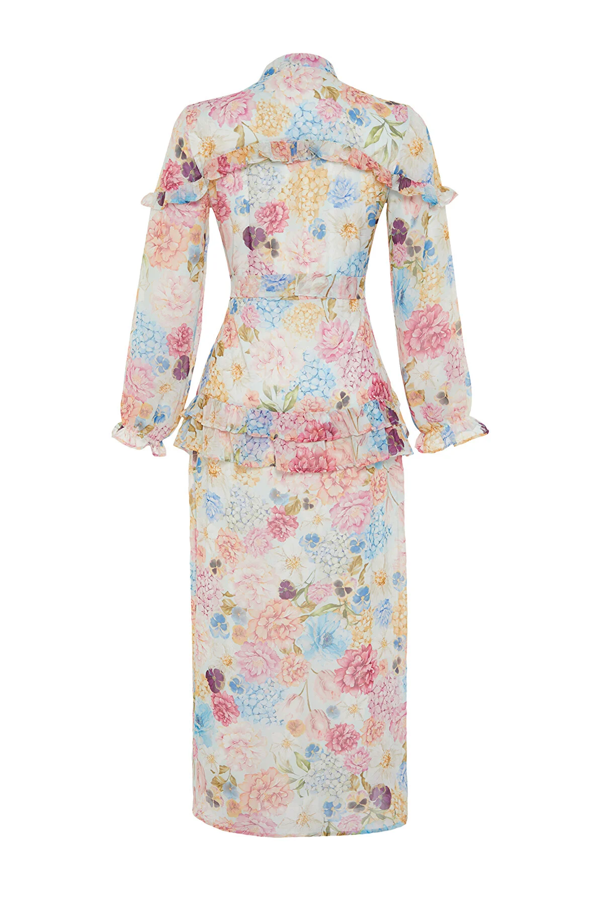 Trendyol Modest  Fliederfarbenes Kleid aus gewebtem Chiffon mit floralem Rüschendetail und Futter TCTSS24EB00003
