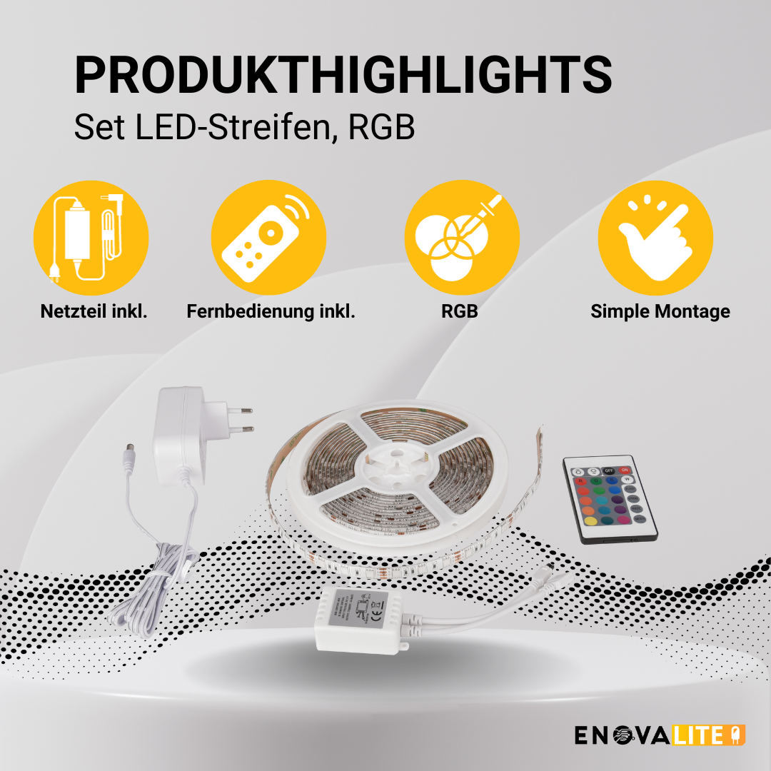 ENOVALITE Set LED-Streifen, RGB, inklusive Fernbedienung und Netzteil