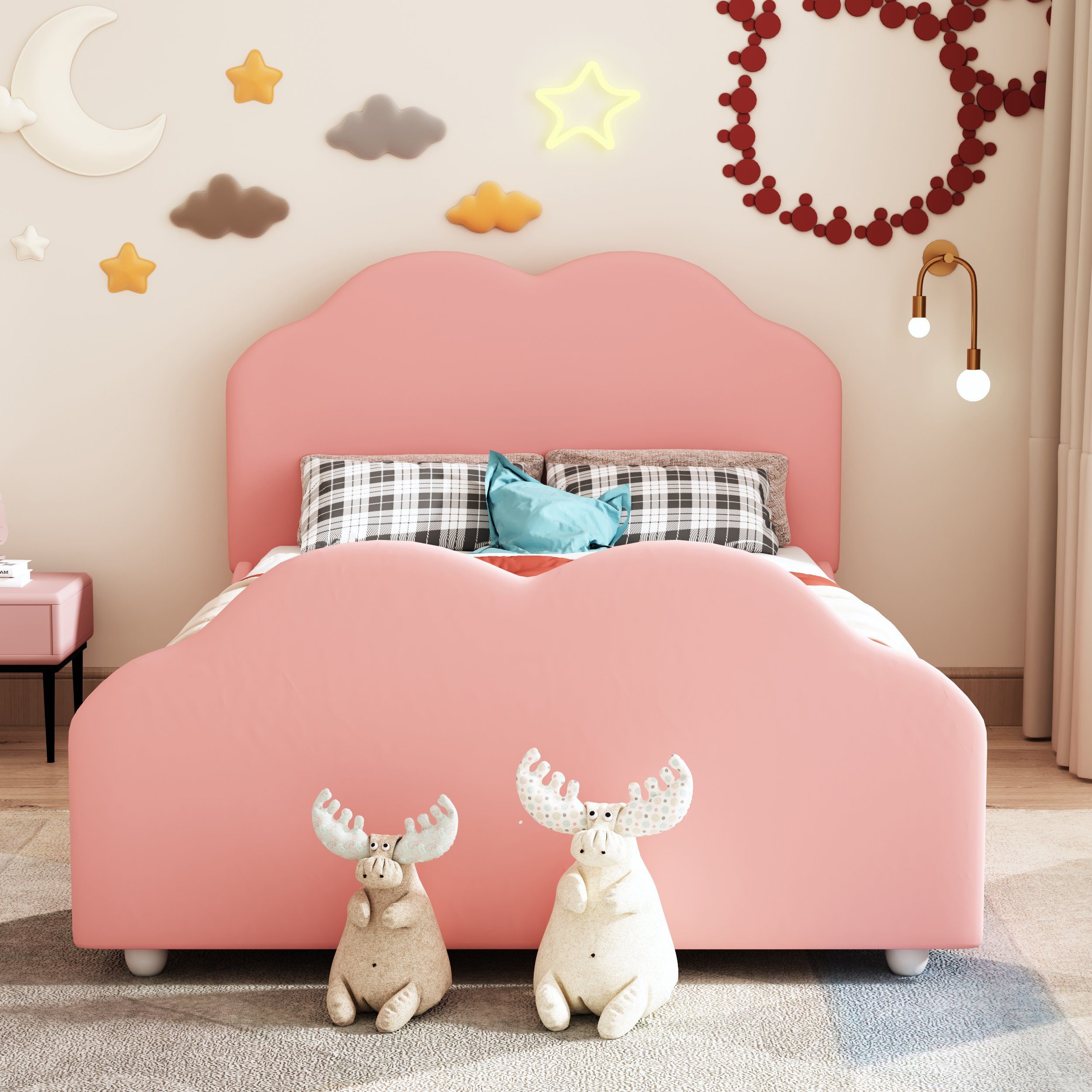Flieks Kinderbett, süße Wolkenform Einzelbett Polsterbett 90x200cm Samt