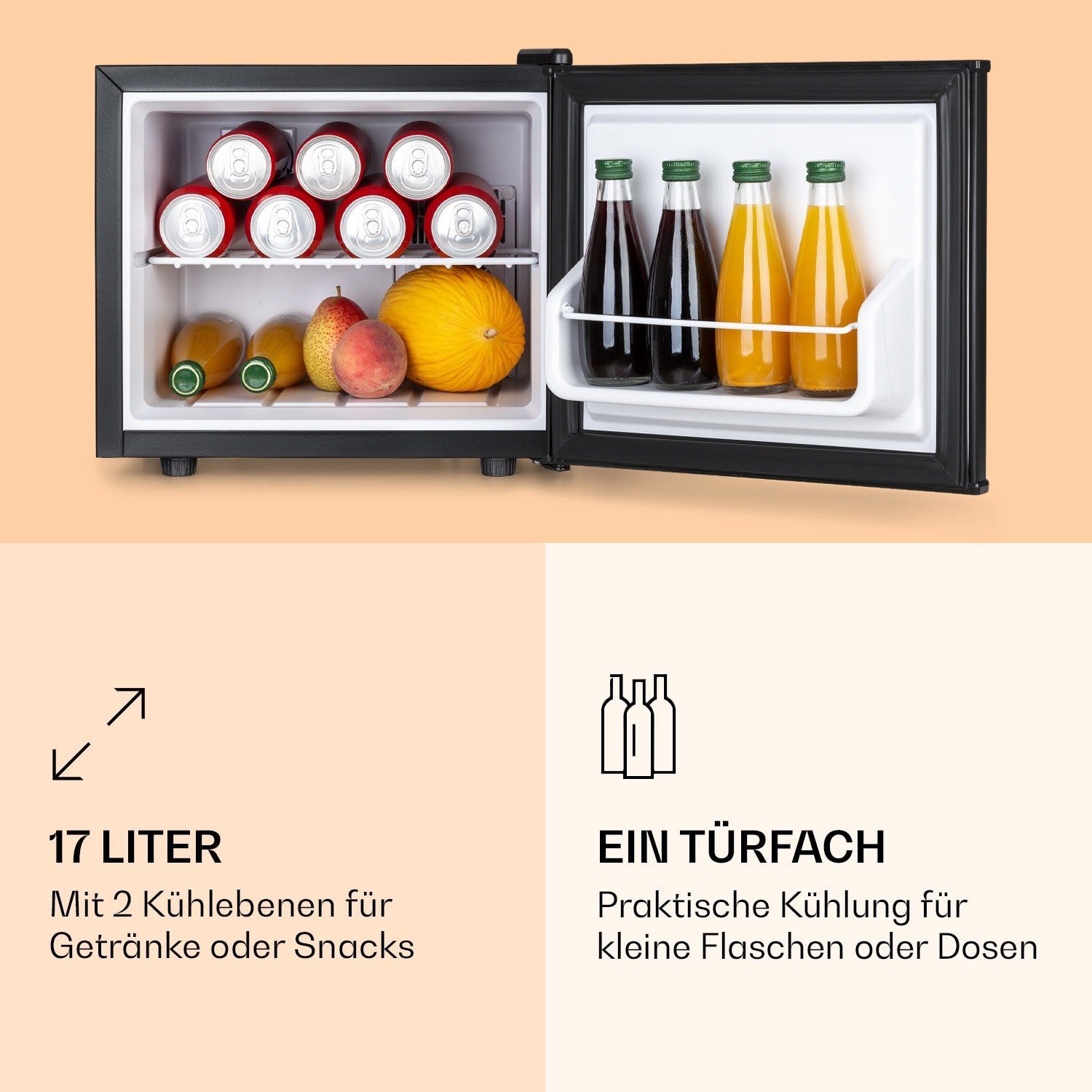 Klarstein Table Top Kühlschrank HEA6-CoolHide-Blk 10035730A, 47.5 cm hoch, 42 cm breit, Hausbar Minikühlschrank ohne Gefrierfach klein Kühlschrank Getränke