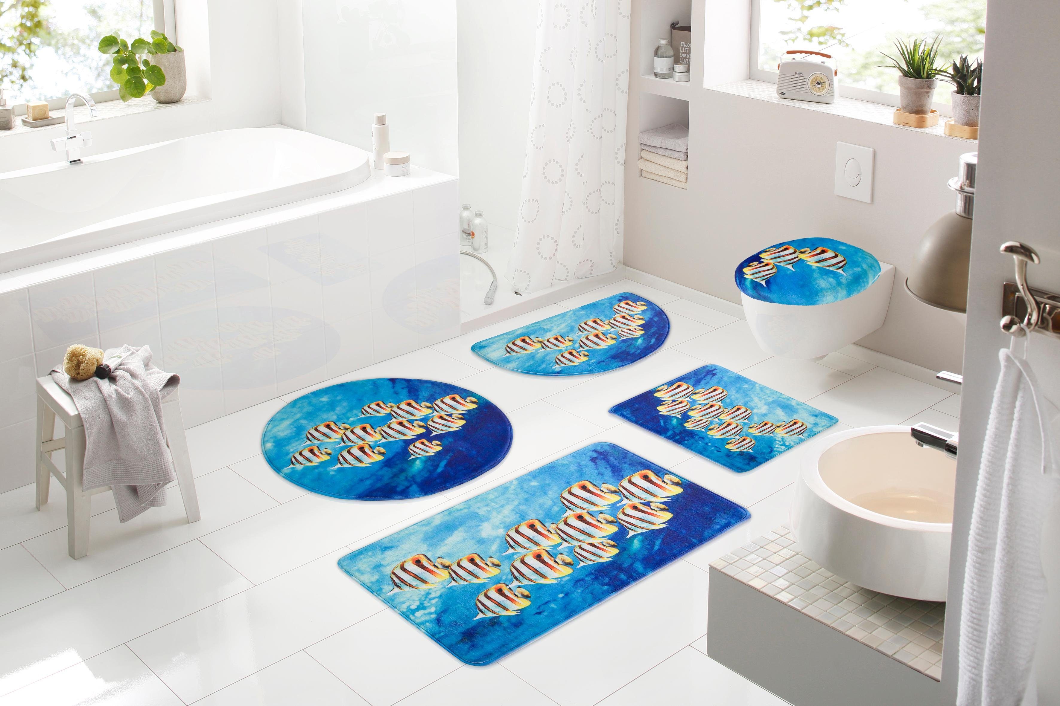 Badematte Fabius my home, Höhe 14 mm, Memory Schaum, rutschhemmend beschichtet, fußbodenheizungsgeeignet, schnell trocknend, strapazierfähig, Polyester, rechteckig, Fotodruck mit Fischen, Badematten als 3 teiliges Set erhältlich